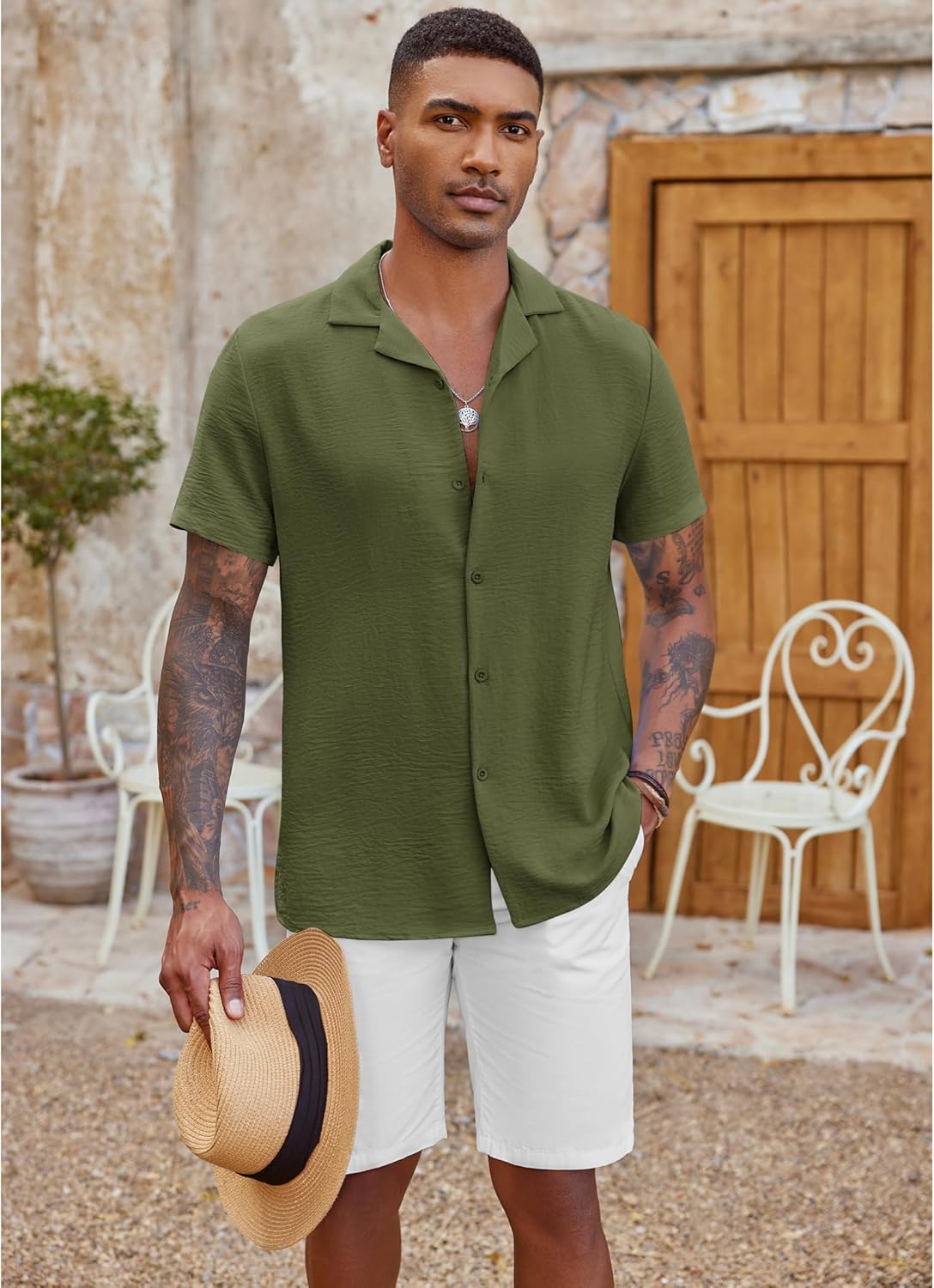 COOFANDY Men's Casual Button Down Shirt Short Sleeve Textured Summer Cuban Beach Shirts Army Green - Image 3