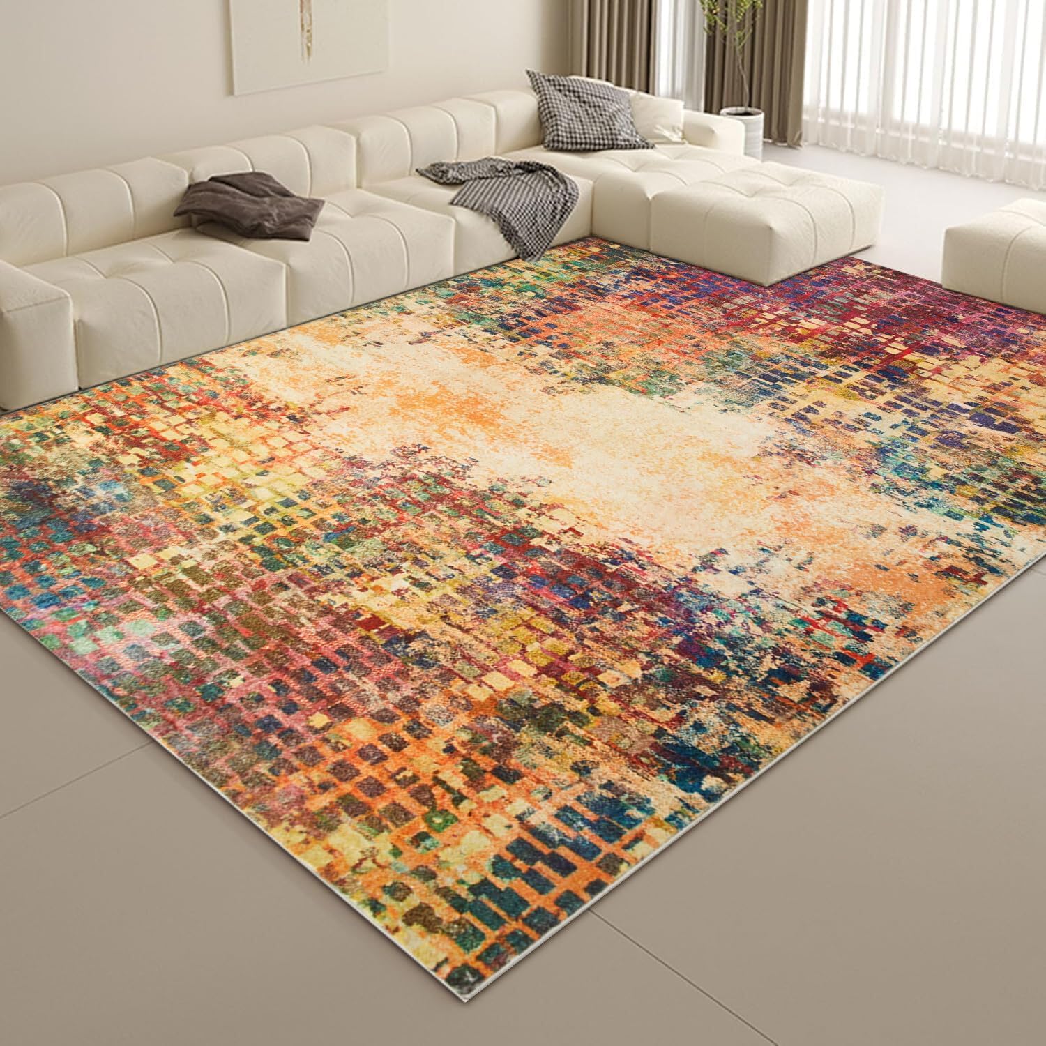 Tapis grand salon géométrique pour réchauffer une pièce froide et spacieuse
