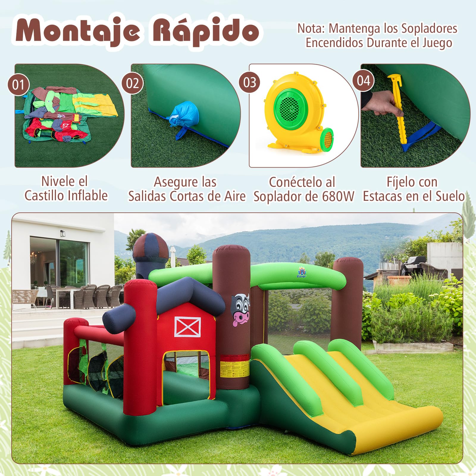 COSTWAY Castillo Hinchable para Niños con Soplador, Castillo Inflable Infantil con Dos Toboganes, Piscina de Bolas, Juego de Lanzamiento de Aros, Juego de Dianas y Canasta de Baloncesto, Tema Granjero