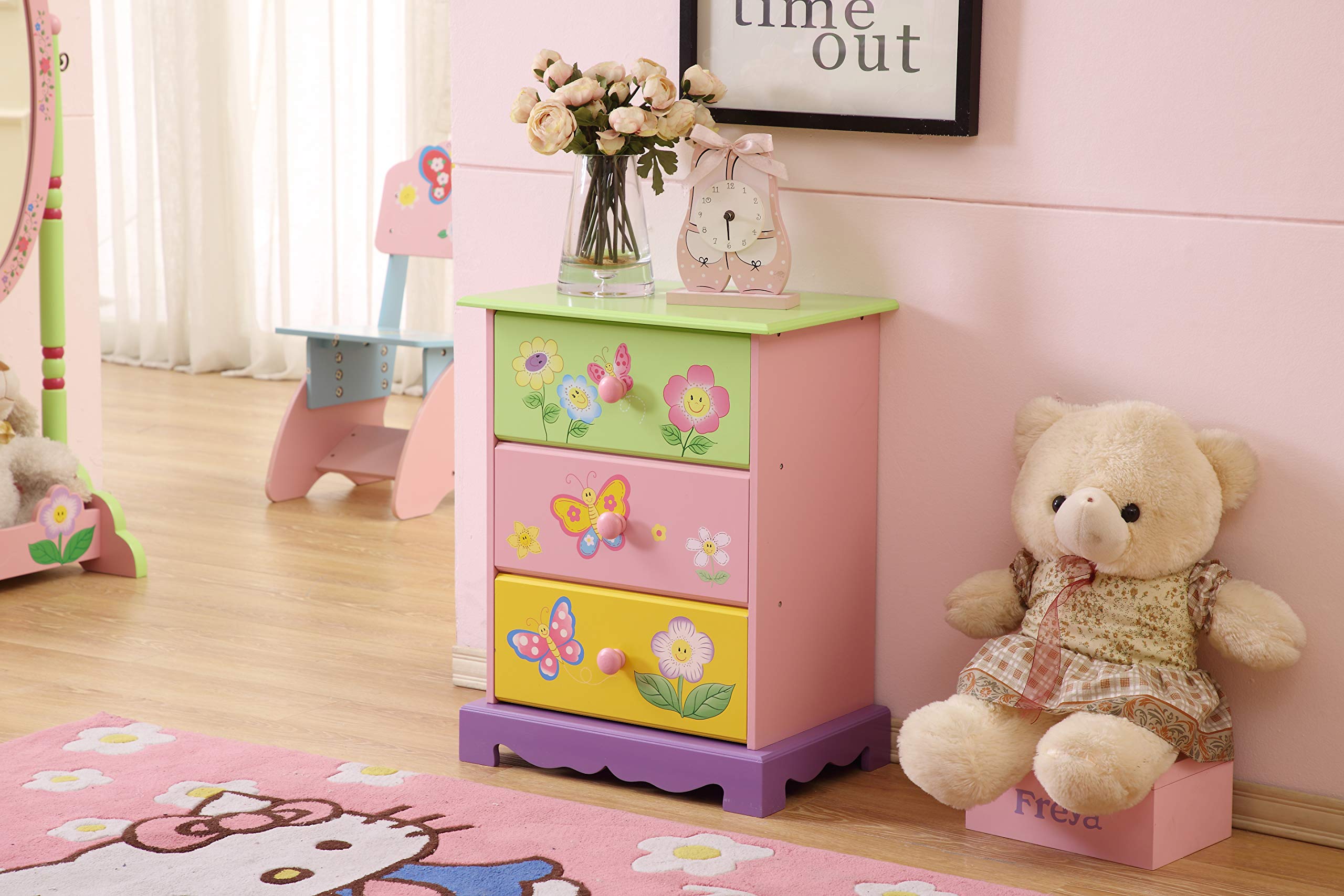 Kinder Schubladen | Mädchen Kommode Schlafzimmer | Aufbewahrungsboxen für Kinder, mit Schmetterlingsblumen-Gemälden, Rosa, Grün, Gelb, Lila (Kommode)