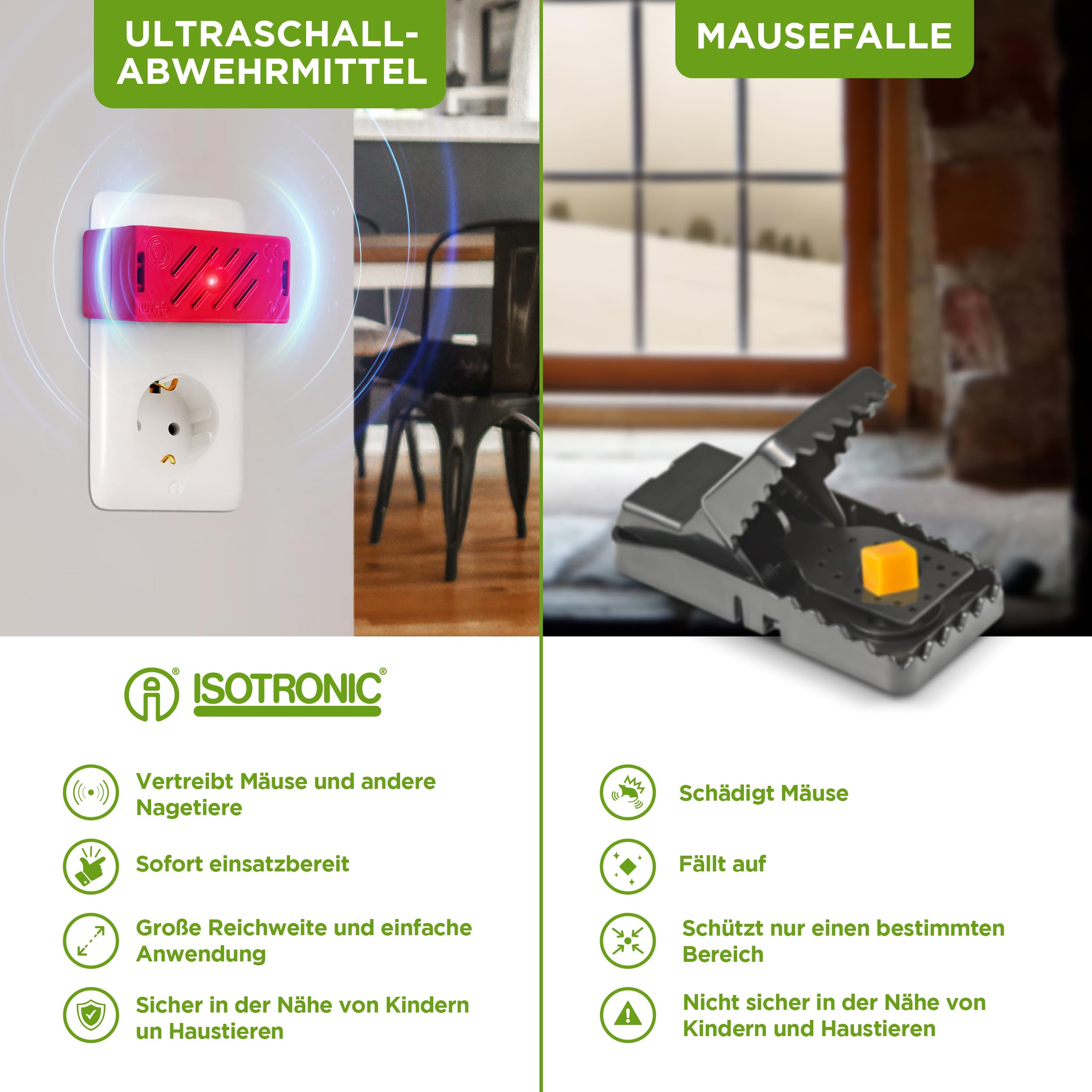 ISOTRONIC Ultraschall Mäuseabwehr zum Mäuse & Ratten vertreiben – Schädlingsvertreiber für Dachboden, Keller & Garage – Mäuseschreck ohne Gift & Mausefalle – 30m² Wirkungsbereich (3 Stück)