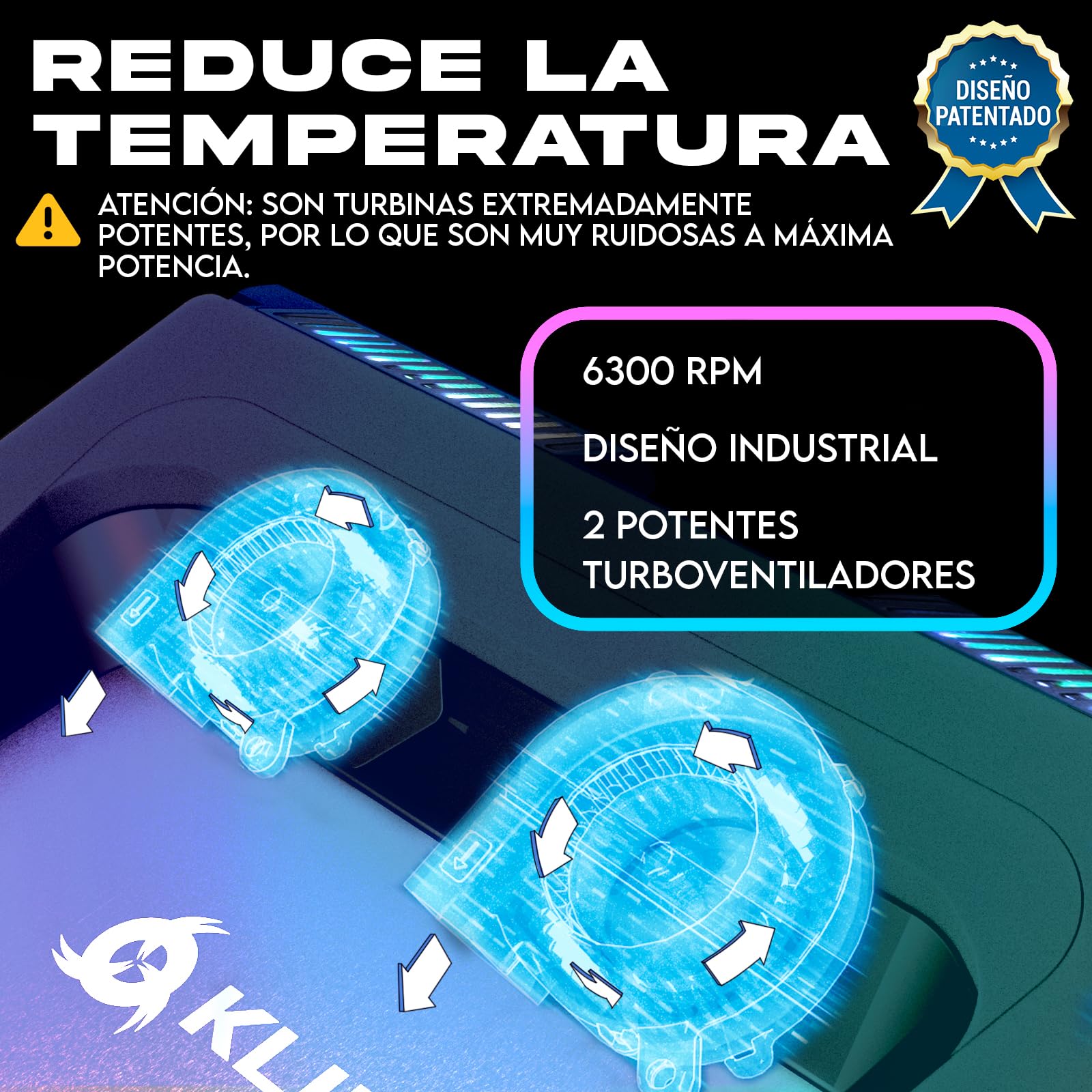 KLIM Everest Plus Base Refrigeradora Laptop Gaming - Ventilador 6300 RPM | Base refrigeradora DC con dos ventiladores turbo, luces RGB, espuma sellada - enfría rápido. Para laptops 11-17,3 pulg.