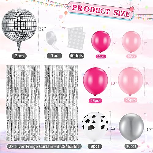 Miniatura 9 de Hydren 95 piezas de decoraciones de fiesta de discoteca occidental para mujer, color rosa intenso, rosa, rojo, plata, arco de globos de vaquera,
