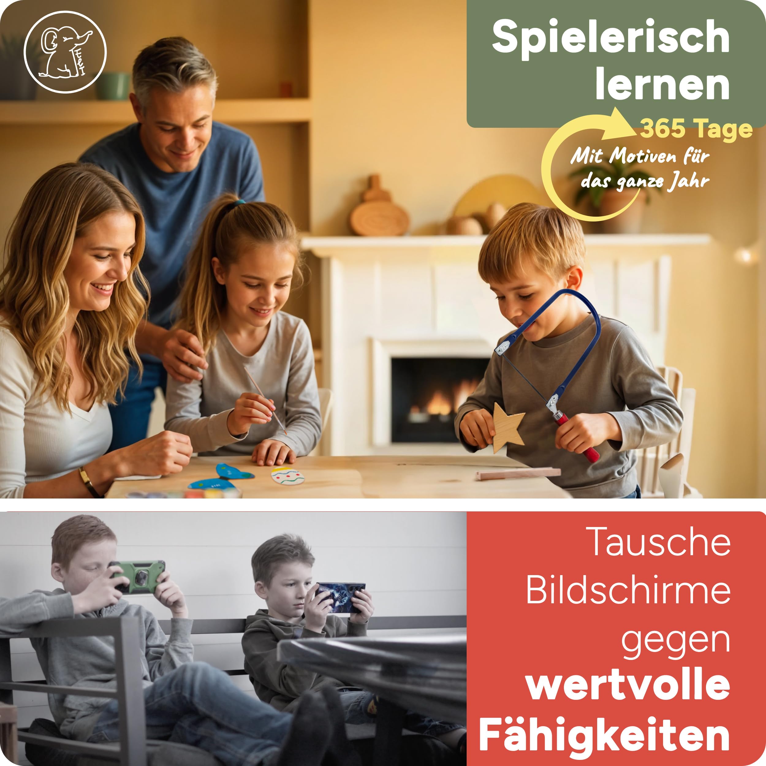 Eli® Laubsäge für Kinder - Komplett Set für Laubsägen inkl kreative Vorlagen - Laubsägeplatten - Farben - Pinsel - Schleifpapier - Holz - Geschenkidee Junge und Mädchen