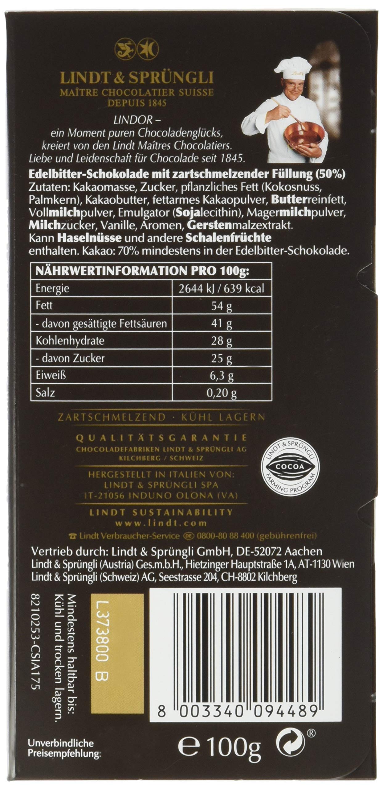 Lindt Schokolade LINDOR 70 % Kakao, Promotion | 10 x 100 g Tafel | Edelbitter-Schokolade mit einer unendlich zartschmelzenden Füllung | Schokoladentafel | Schokoladengeschenk