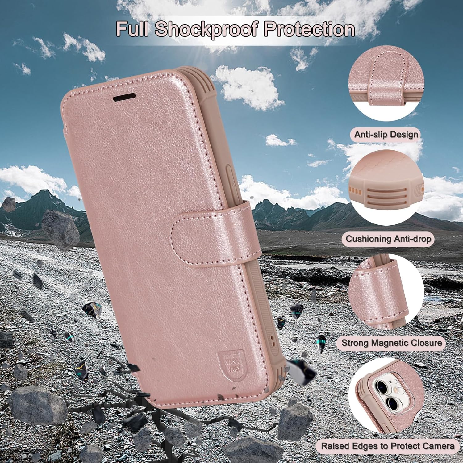 VANAVAGY Compatible for iPhone 12/12 Pro Wallet Case for Magsafe Wireless Charging, PU Leather Folio Flip Phone Cover with Wrist Strap RFID Blocking Card Holder Screen Protector,Rose Gold - Image 5