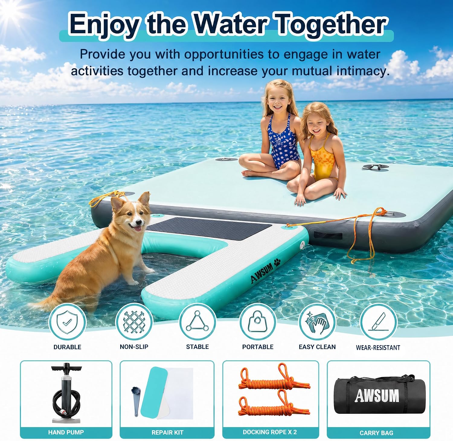 AWSUM Inflatable Dog Water Boat Ramp Large Dock Floating Ladder for Dogs Up to 200lbs On Water Float Steps for Lakes Easy Access Dog Pool Ramp with Anti-Slip EVA