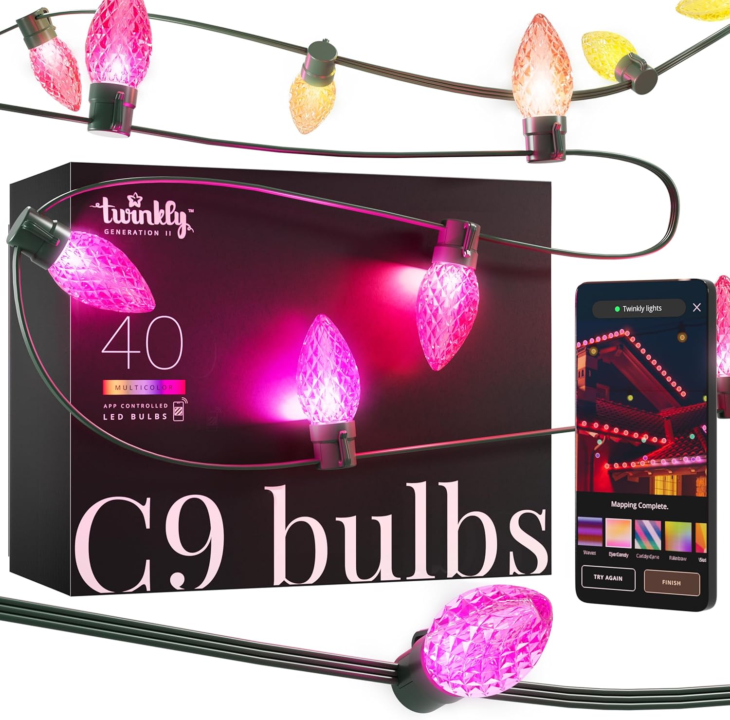 Twinkly C9 Bulbs product box with lights and smartphone app interface