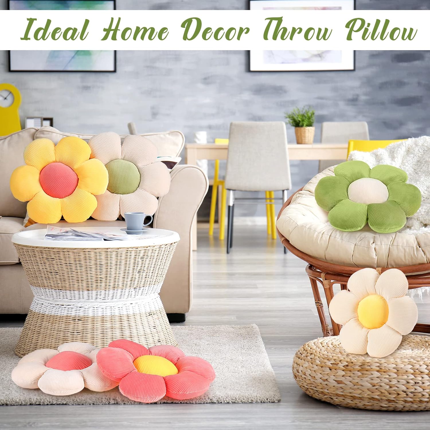Coume 6 Pcs Flower Floor Pillows - 16 Inch Daisy Throw Pillows Cute Flower Decorative Floor Seat Cushions for Bedroom Home Sofa Chair Couch Decor(Yellow, Pink, Green with White Core)