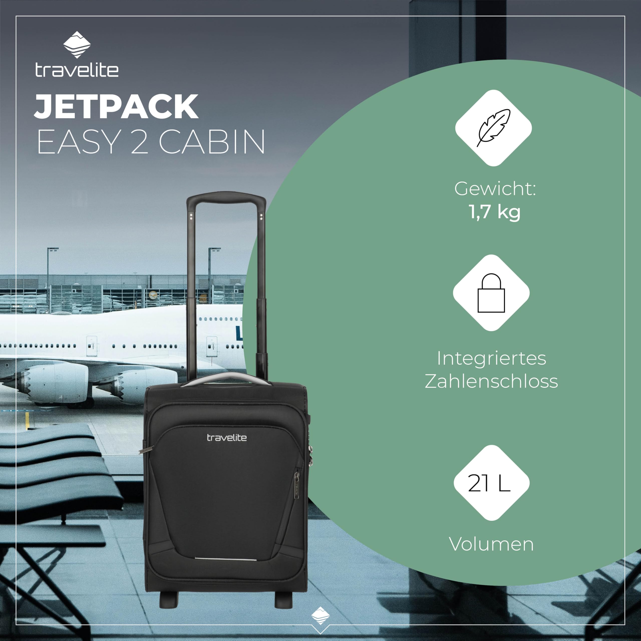 travelite valigia a mano con 2 rotelle per EasyJet, Vueling + Wizz, serratura a combinazione integrata, trolley da cabina compatto con funzione di aggancio, 40x30x20 cm, 21 l, 1,7 kg