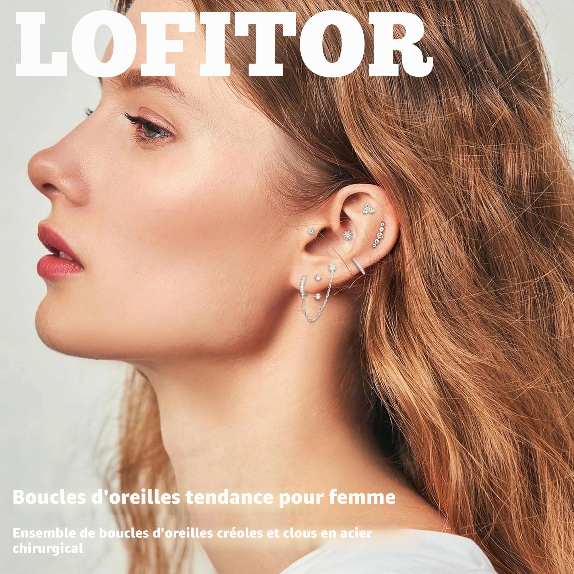 LOFITOR 13 Paires Boucles d'Oreilles Hypoallergéniques à Dos Plat en Acier Chirurgical pour Femmes - Lot de Studs et Créoles pour Piercings Multiples - Argentées et Dorées