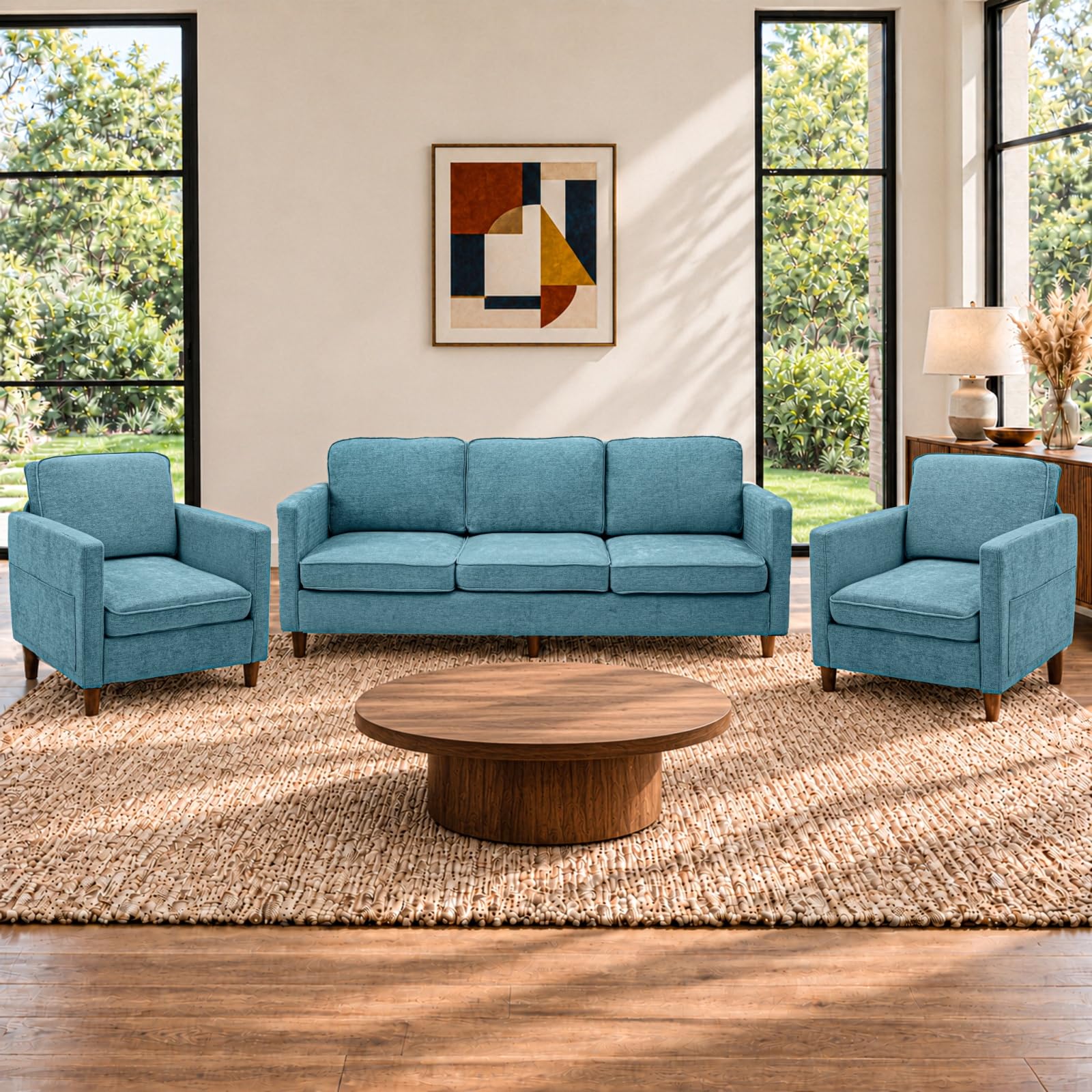 Couch Set for Living Room, 3 Seater Chenille Sofa and Armchair Set of 2