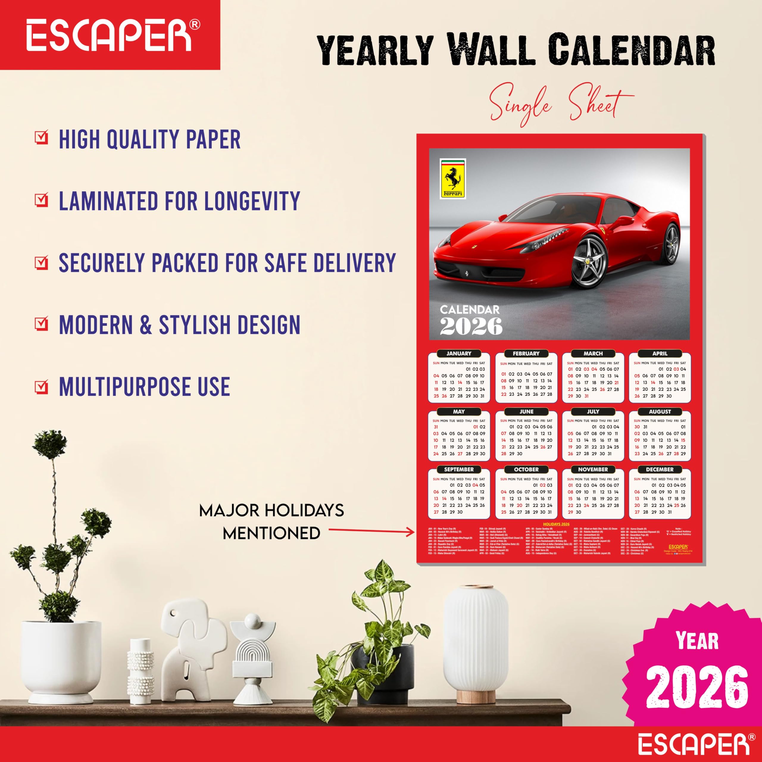 ESCAPER Calendario de pared de coche 2026 - 45 x 30 cm, decoración de pared de coche deportivo y automóvil, calendario colgante grande para decoración de habitación y hogar