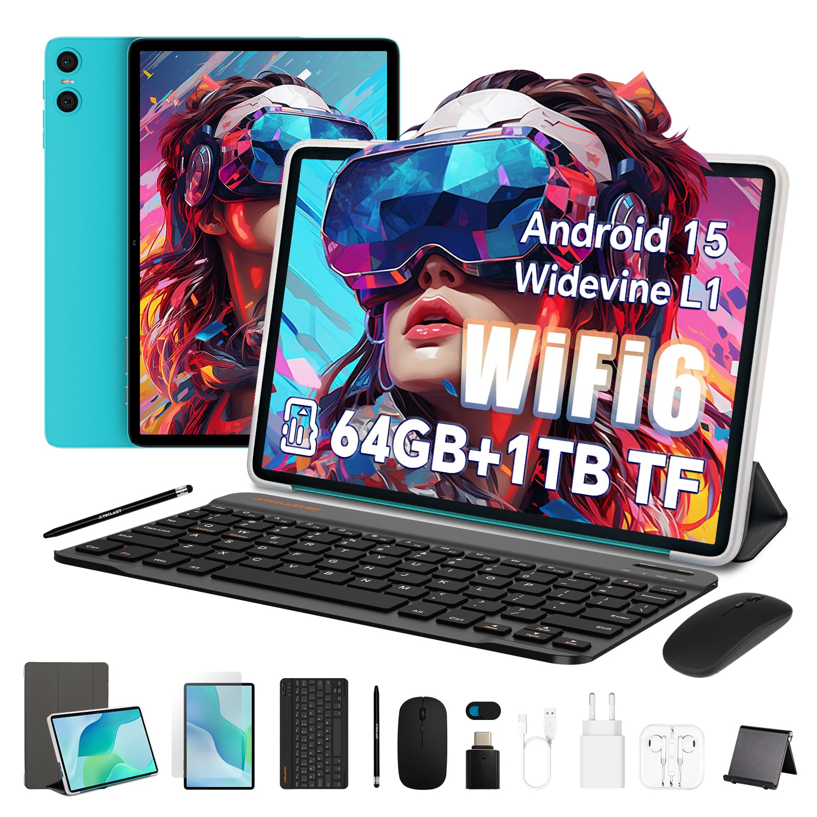 TECLAST P33 Tablet 10 Pollici Android 15,9GB RAM+64GB ROM(3TB TF),2GHz Octa-Core, Widevine L1/5GHz WiFi/Bluetooth 5.4/3.5mm Jack/Tablet con Tastiera+Custodia+Penna
