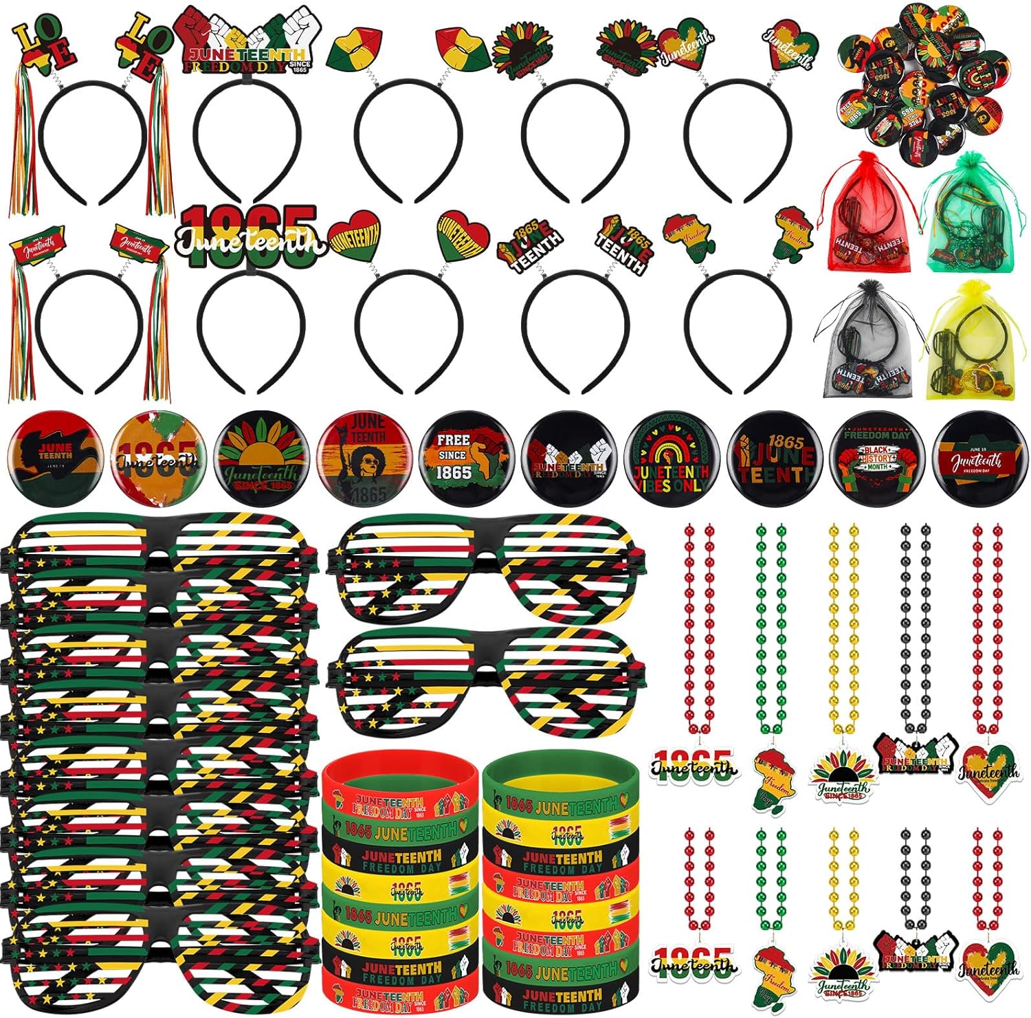 120 Pcs Juneteenth Accessories Juneteenth Party Favors Supplies 20 Sets Round Button Badges Headband Organza Glasses Necklace Silicone Bracelets for African American Festival Celebration