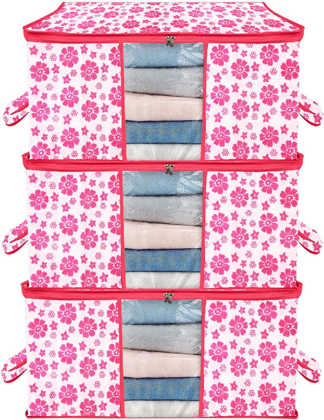 Floral Storage Bag With Zip Underbed Storage Cover Front Transparent Window And Side Handle Blanket Cover Wardrobe Organizers for Clothes, Space Saver Box Pink Pack of 3
