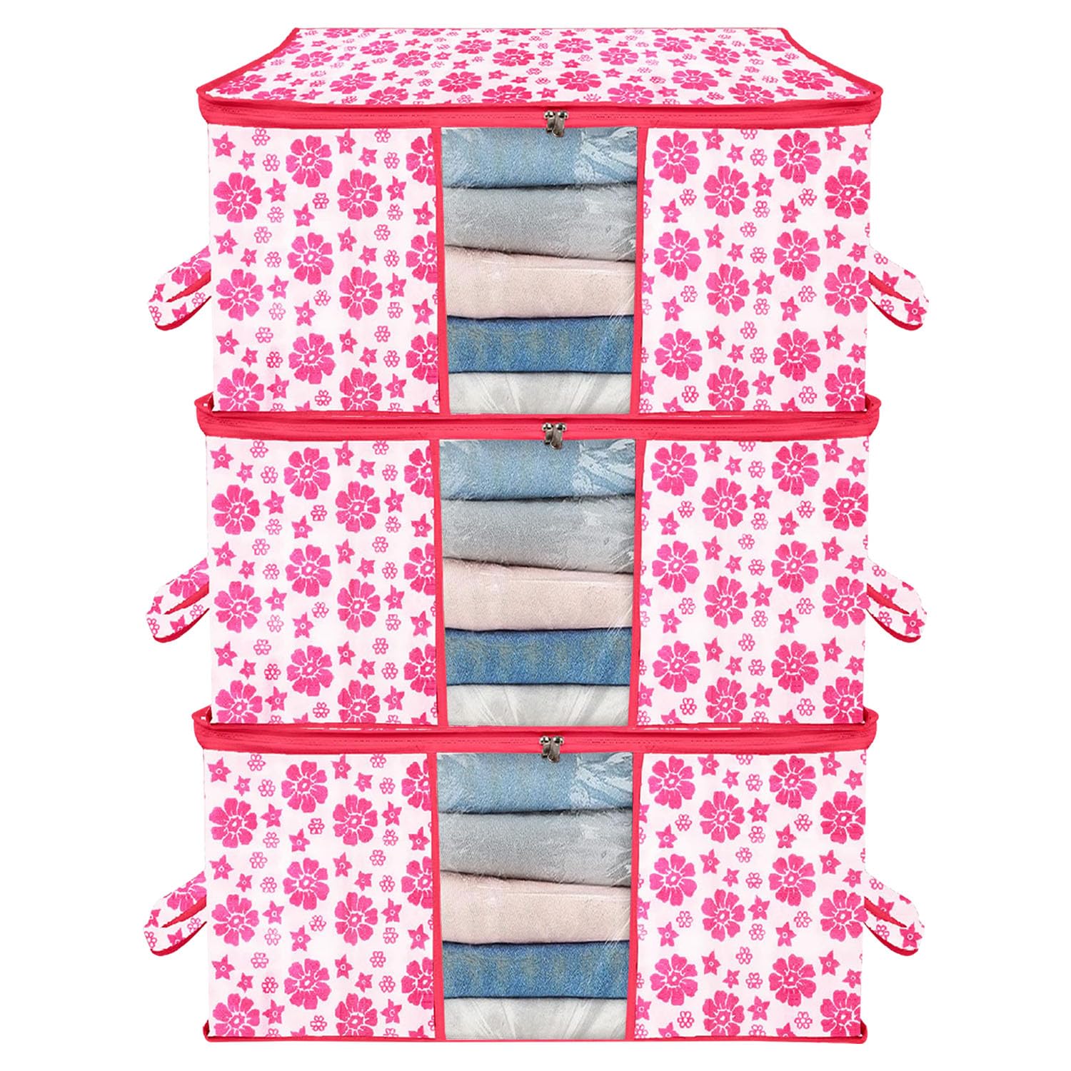 AARON INC Floral Storage Bag With Zip Underbed Storage Cover Front Transparent Window And Side Handle Blanket Cover Wardrobe Organizers for Clothes, Space Saver Box Pink Pack of 3-image-17
