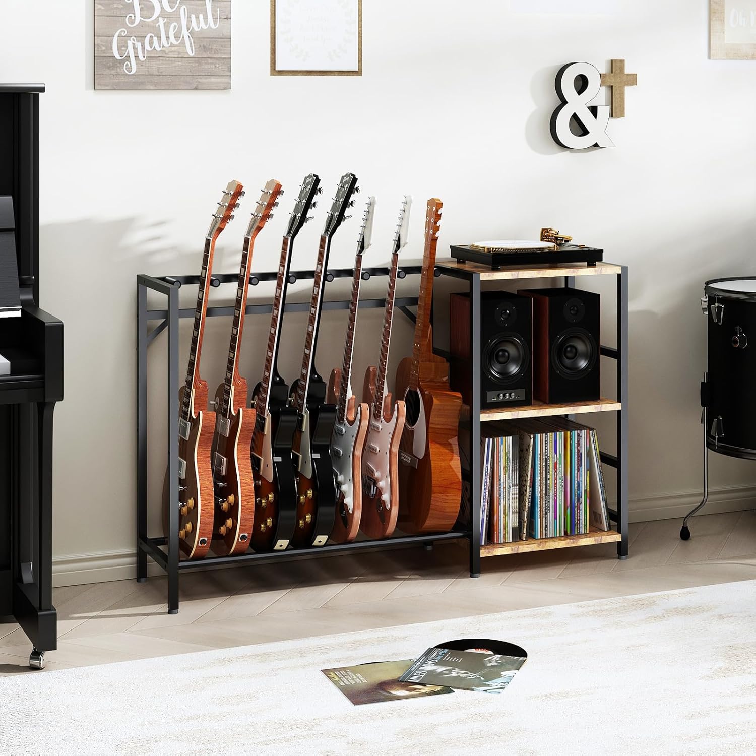 Record Player Stand with Guitar Stand, Record Player Table with Guitar Rack, Guitar Holder 7 Space for Multiple Guitars, Bass, Acoustic, Guitar Display for Home Music Studio, Brown
