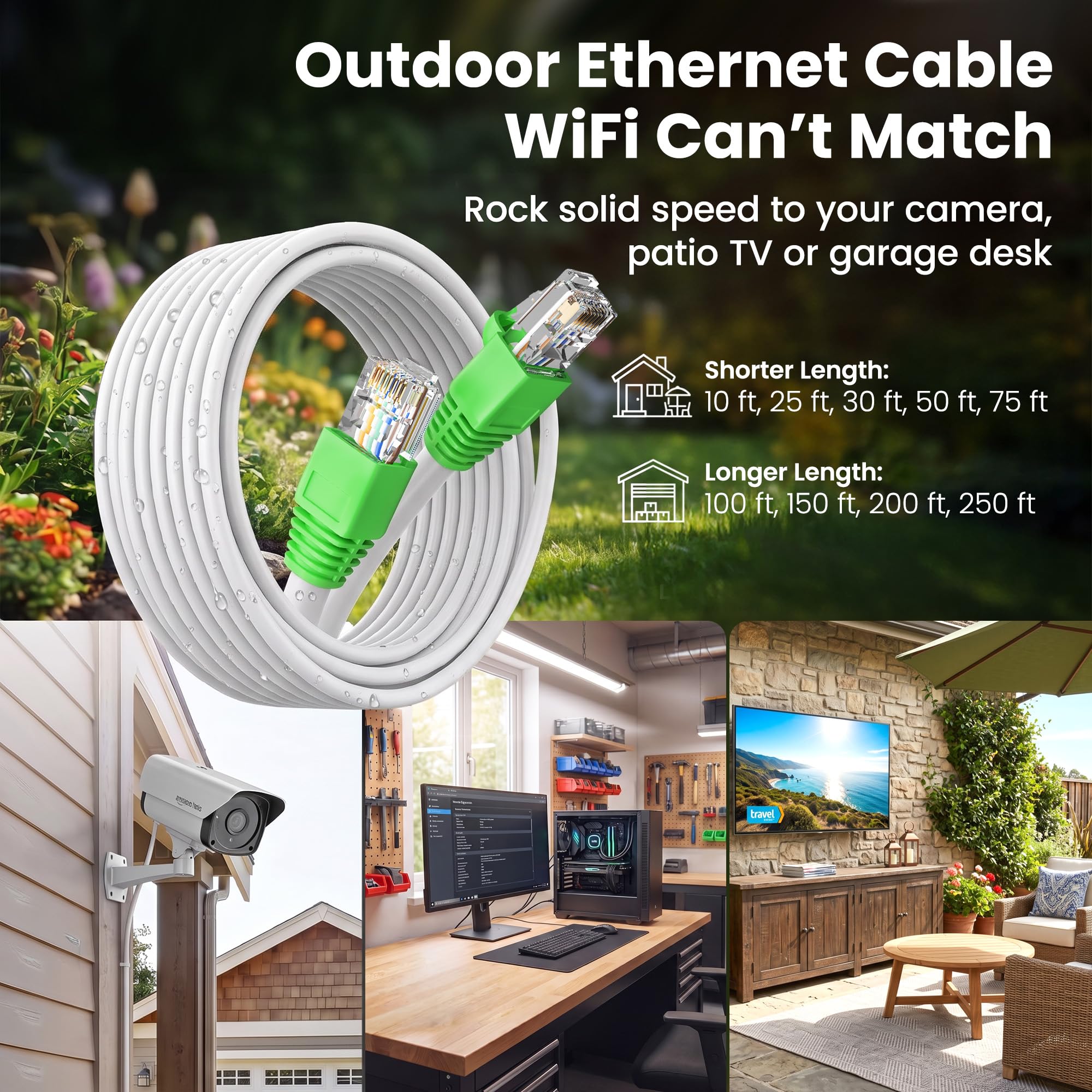 GearIT Cable Ethernet Cat6 para exteriores (50 pies) 23AWG cobre puro, FTP, LLDPE, impermeable, entierro directo, en tierra, resistente a los rayos UV, POE, red, LAN, Internet, Cat 6, cable Cat6-50