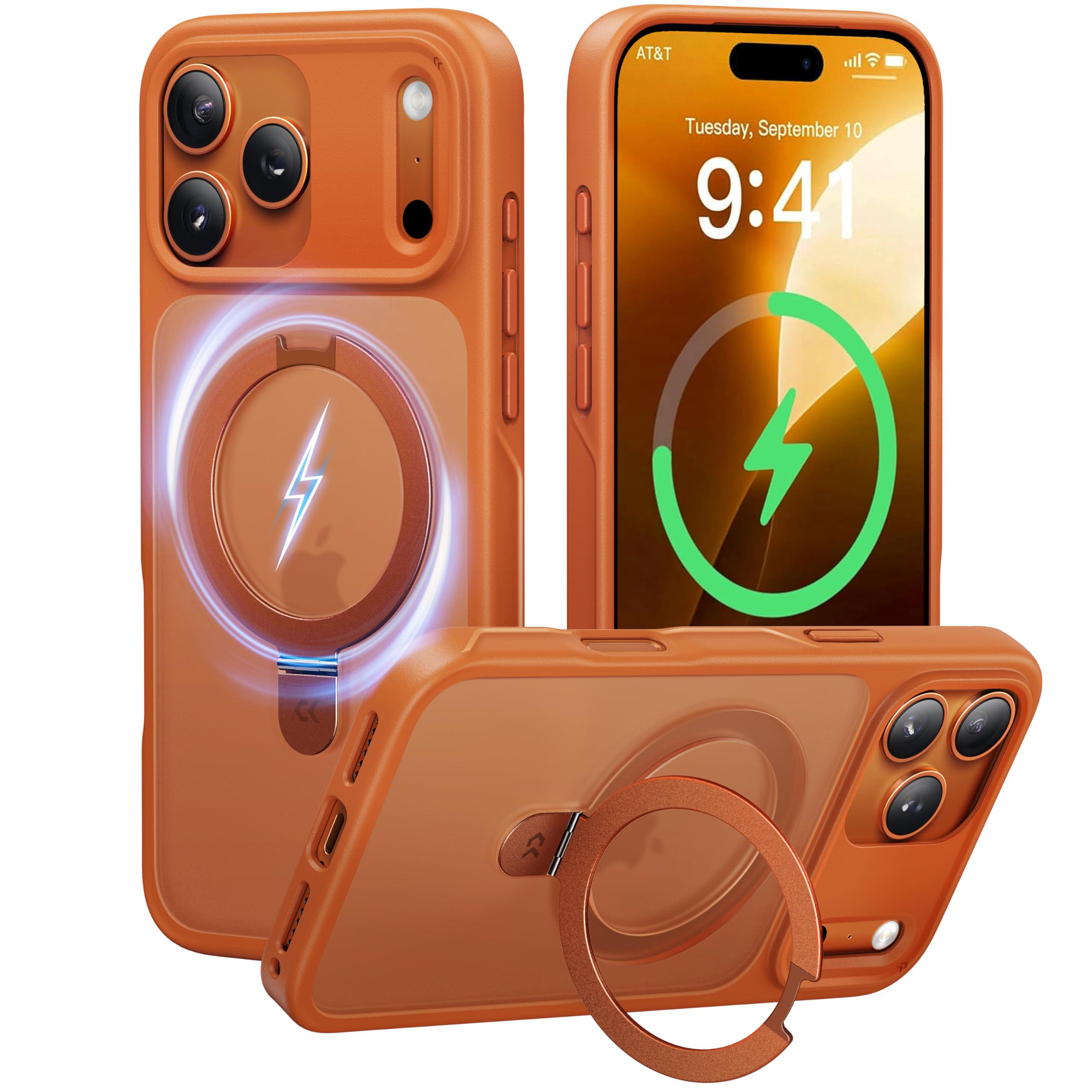 【11年の匠心開発 高耐久スタンド構造】CASEKOO for iPhone 17 Pro Max ケース【3倍米軍MIL規格 耐衝撃／MagSafe対応】隠しスタンド 縦横立て対応 リング機能 マット仕上げ 指紋防止 黄変防止 半透明 ストラップホール付き 特許設計「MagicStand」for いphone17promax ケース 6.9（オレンジ）