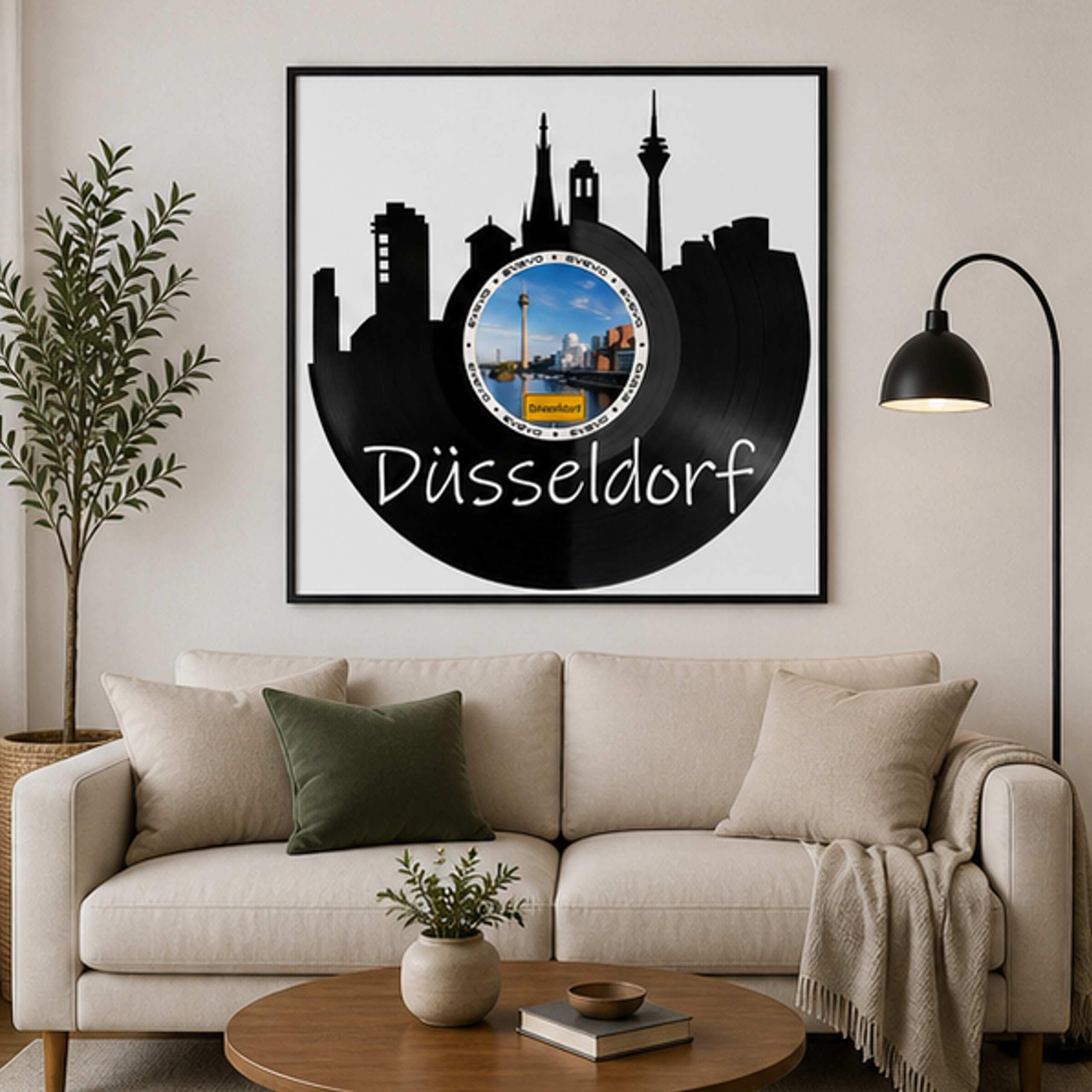 EVEVO Decorazione da parete in vinile con cornice, 32 x 32 cm, Düsseldorf – Decorazione da parete in vinile con metropoli del Reno, idea regalo per gli appassionati di Düsseldorf