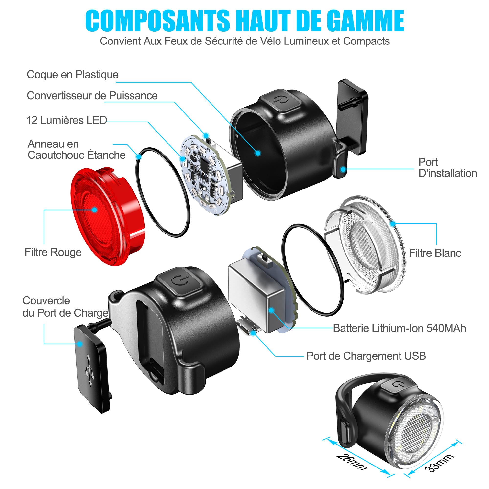 Lumiere Velo USB Rechargeable Avant et Arrière Vélo Lumière LED IPX5 6 Modes Eclairage Velo Route Montagne Conduite de Nuit