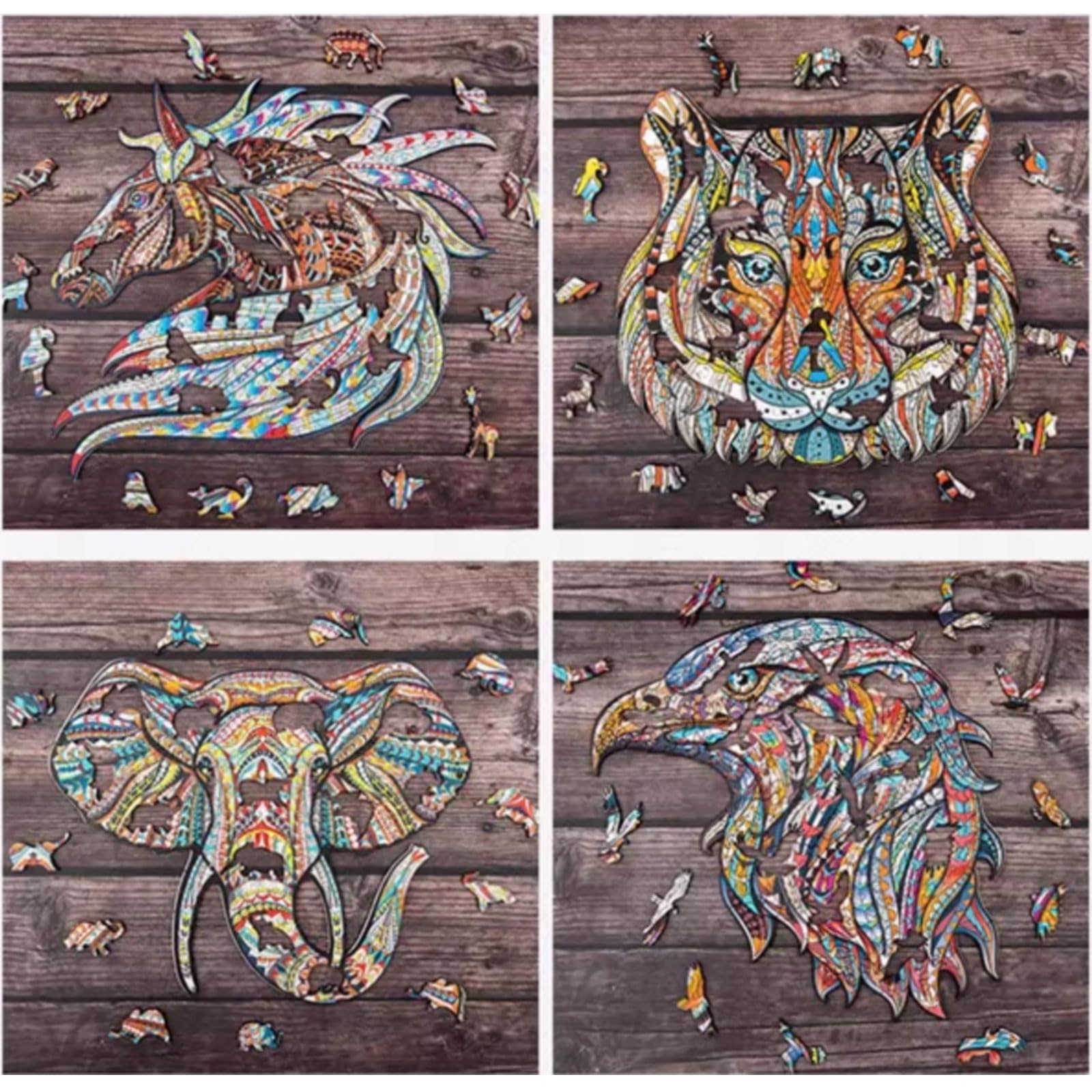 Puzzle di Legno Irregolare Unico Montessori con Animali | Puzzle di Forme con Scatola di Legno, Puzzle Decorativo Fauna con Leone Lupo Tigre Elefante Aquila Orso