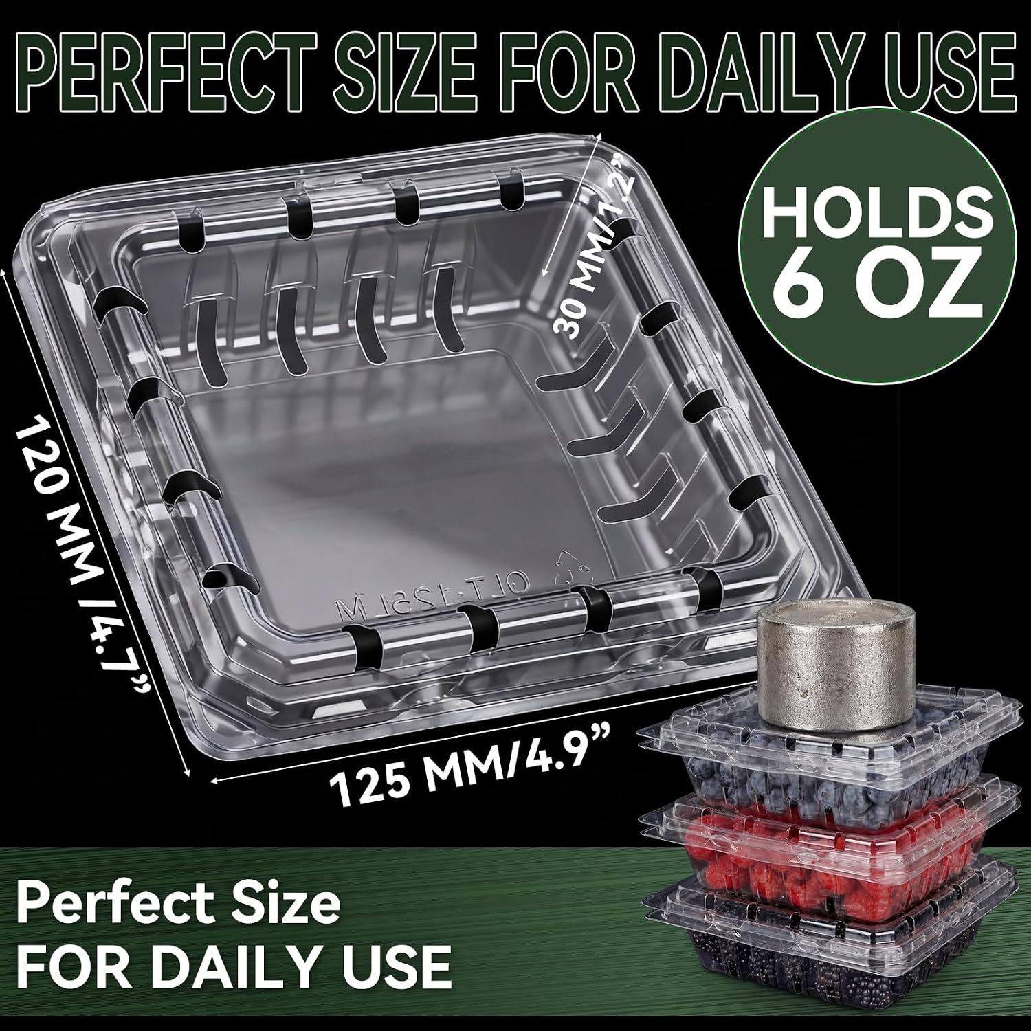 Qinyoung 100 Pcs 6oz Berry Clamshell Containers with Lids Small Clear Plastic Vented Strawberry Container Box for Fridge Fruit Blueberries Raspberries Herbs Market Shop Food Storage 4.9x4.4x1.2 Inch