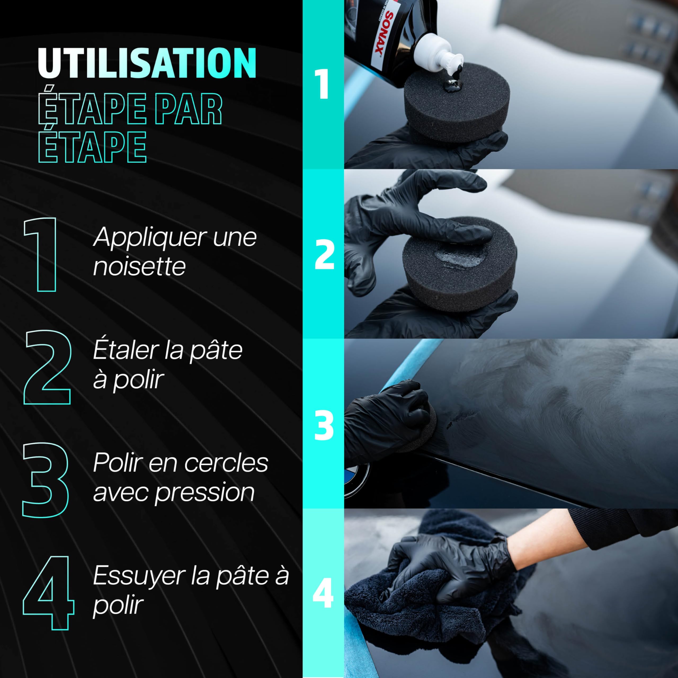 Sonax Polish & Wax Color Kit de polissage pour voiture Noir 250 ml + éponge de polissage + chiffon de polissage | Pâte de polissage pour peintures métalliques foncées pour enlever les petites rayures