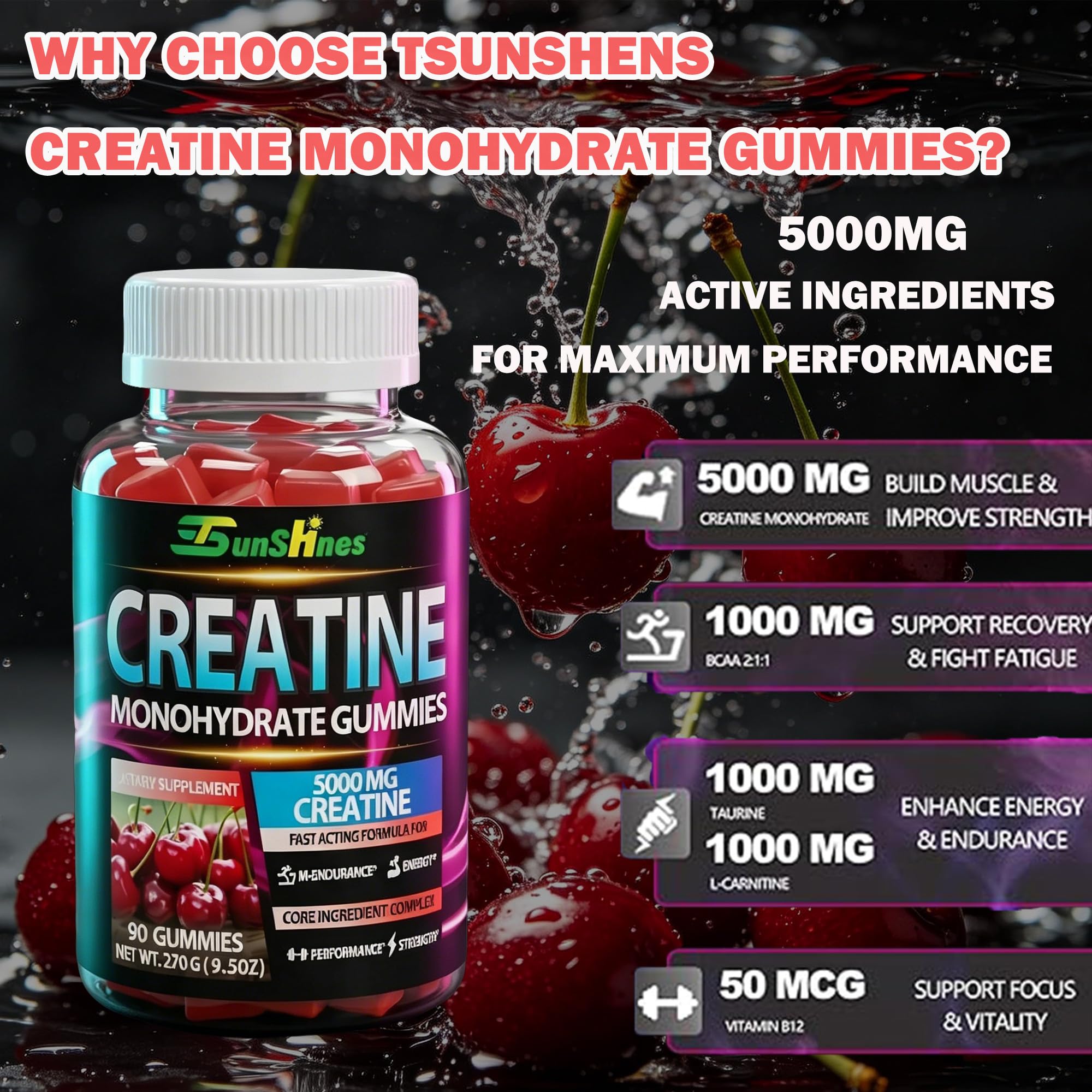 Creatine Monohydrate Gummies 5g (5000mg), Sugar-Free Creatine, Pre-Workout Energy, Veg, Non-GMO, for Men & Women - 90 Count Cherry Flavor — Amazon image 4