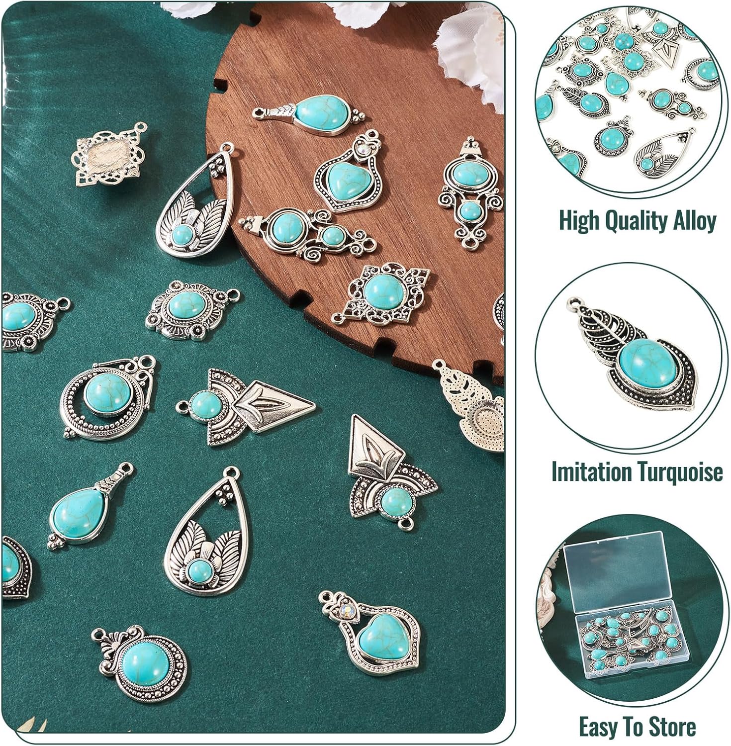 Craftdady Tibetan Turquoise Necklace Pendants Cattle Head Flower Rhombus Oval Teardrop Heart Flat Round Earring Charms Alloy Vintage Turquoise Bracelet Keychain Charms for DIY Jewelry Making - Image 5