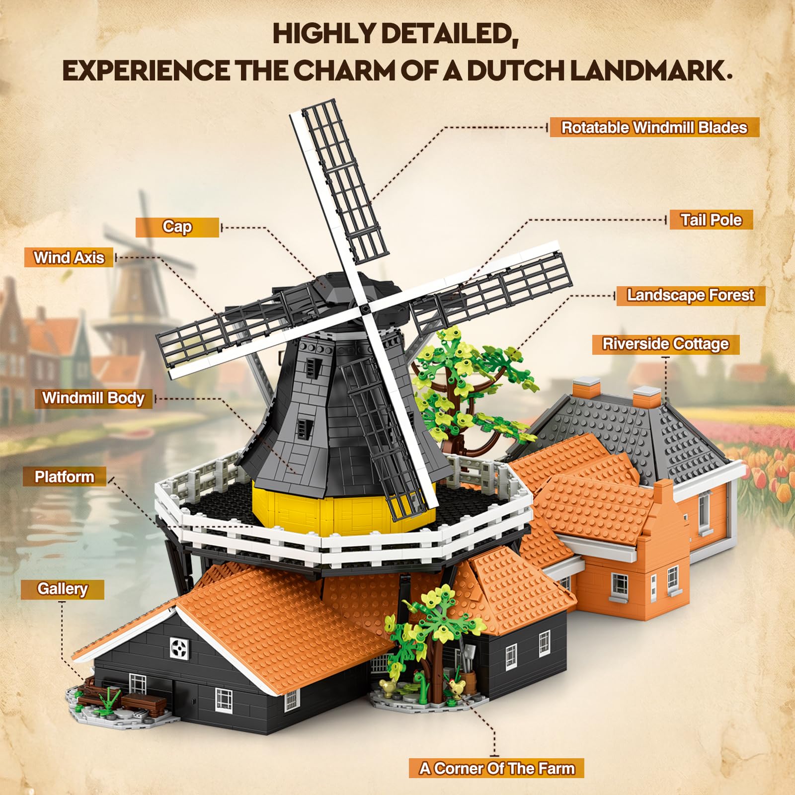 Reobrix 55019 Niederländische Windmühle Architektur Klemmbausteine Erwachse | Großes Windmühlenmodell mit Drehbare Windmühlenflügel, Gestaltete Landschaft mit Pflanzen, Wegen, Dekorationen, Sammlermodell