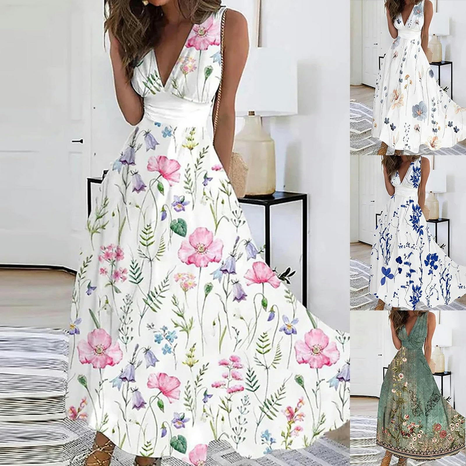 Abito a V Del Partito Swing Delle Donne Boho Floral Beach Dress Vacanze Abiti Estivi Plus Size Abbigliamento, HUTALIM, Verde, l