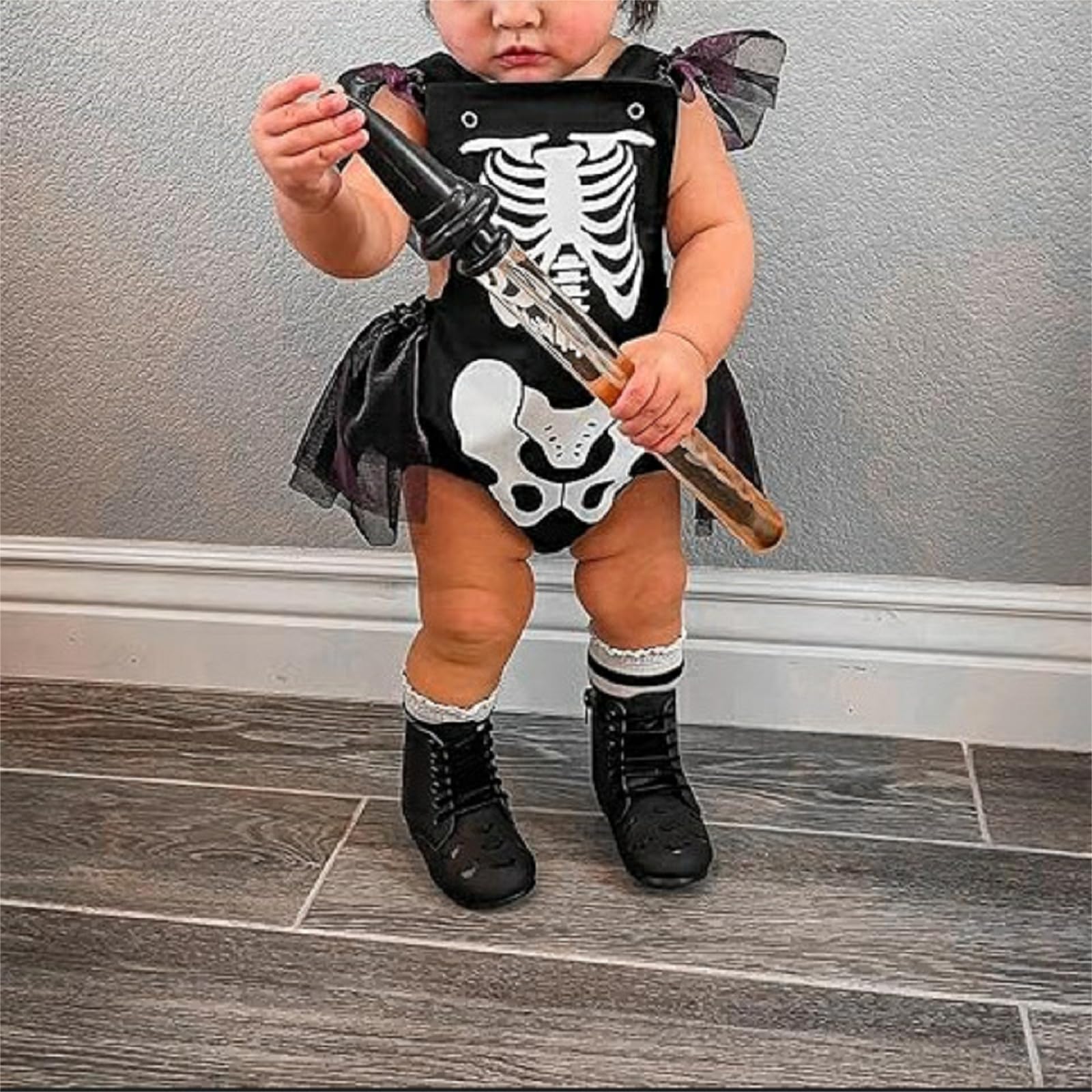 Newborn Baby Girl Halloween Clothes Skeleton Skull Romper Ruffle Sleeve Backless Tulle Dress Jumpsuit Halloween Outfit (Black, 0-3 Months)