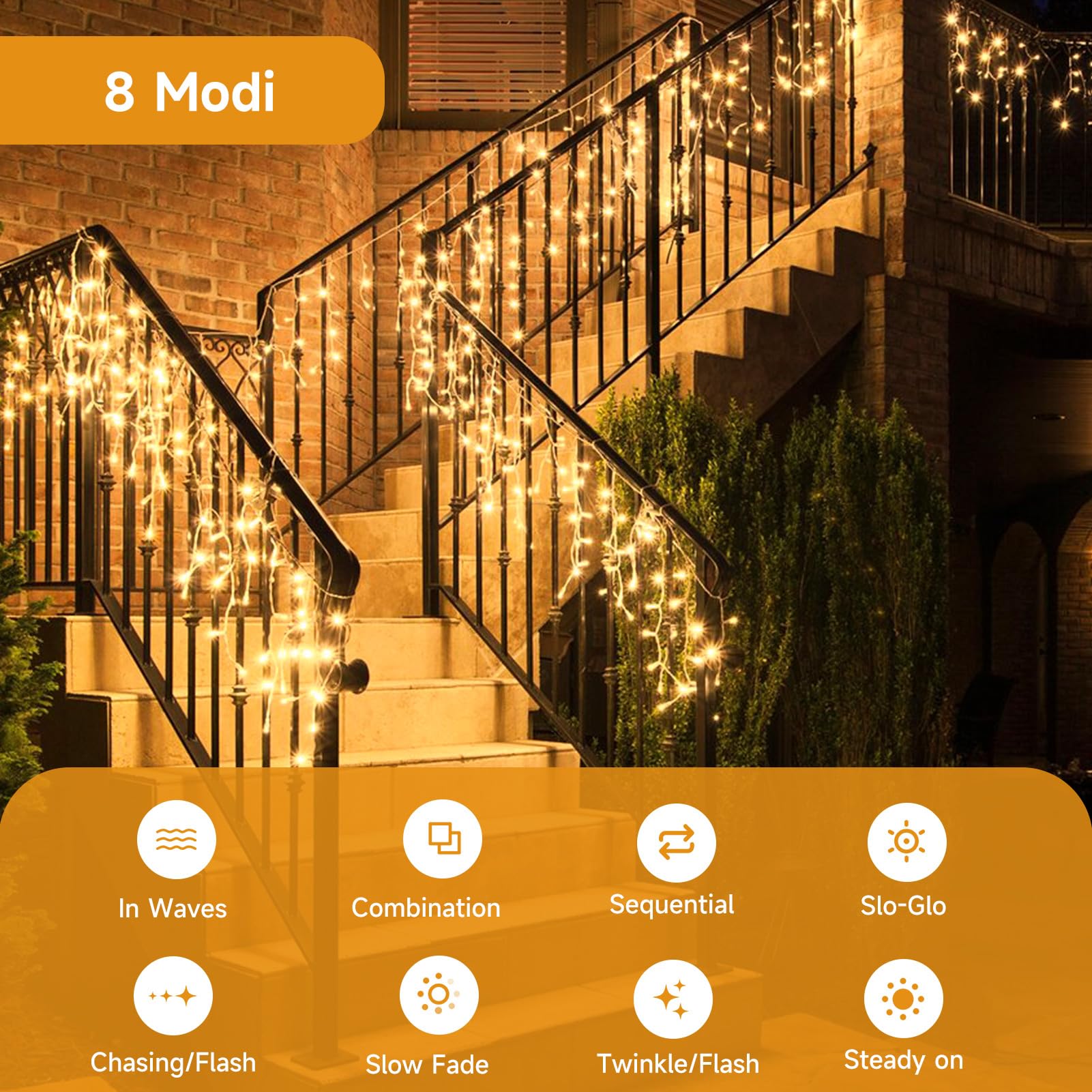 WOWDSGN LED Eisregen Lichterkette Außen, 20M 880LED Eiszapfen mit Timer 8 Modi IP44 wasserdicht Strombetrieben, Lichtervorhang für Weihnachten Dachkante Dachrinne Terrasse Balkon Warmweiß