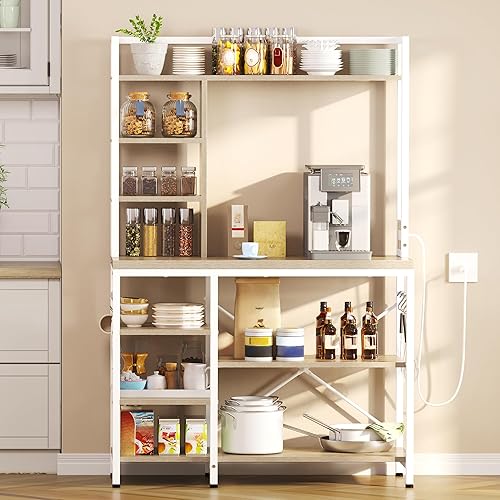 YITAHOME Soporte para microondas con toma de corriente, barra de café, cocina, estante de almacenamiento independiente para despensa,