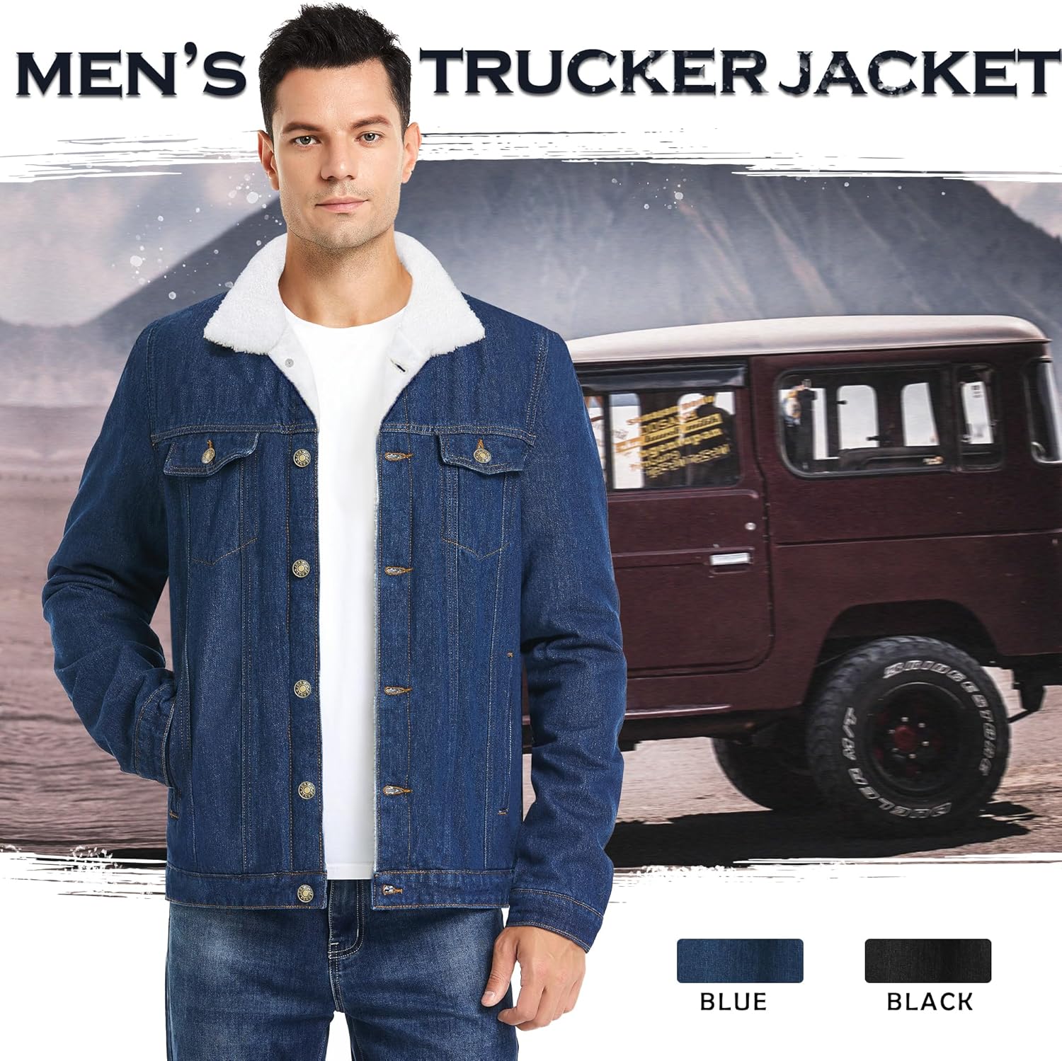JYG Men's Winter Sherpa Lined Denim Jacket Warm Thicken Trucker Jacket with Multiple Pockets Dark Blue Small