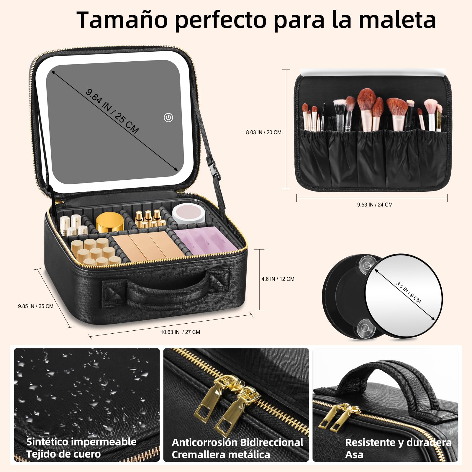 Bolsa de Maquillaje de Viaje Bolsa de cosméticos Bolsa organizadora de Maquillaje con Espejo Iluminado Grande 3 Modos de Color Brillo Ajustable, Impermeable PU Cuero Maquillaje Viaje Tren Caso