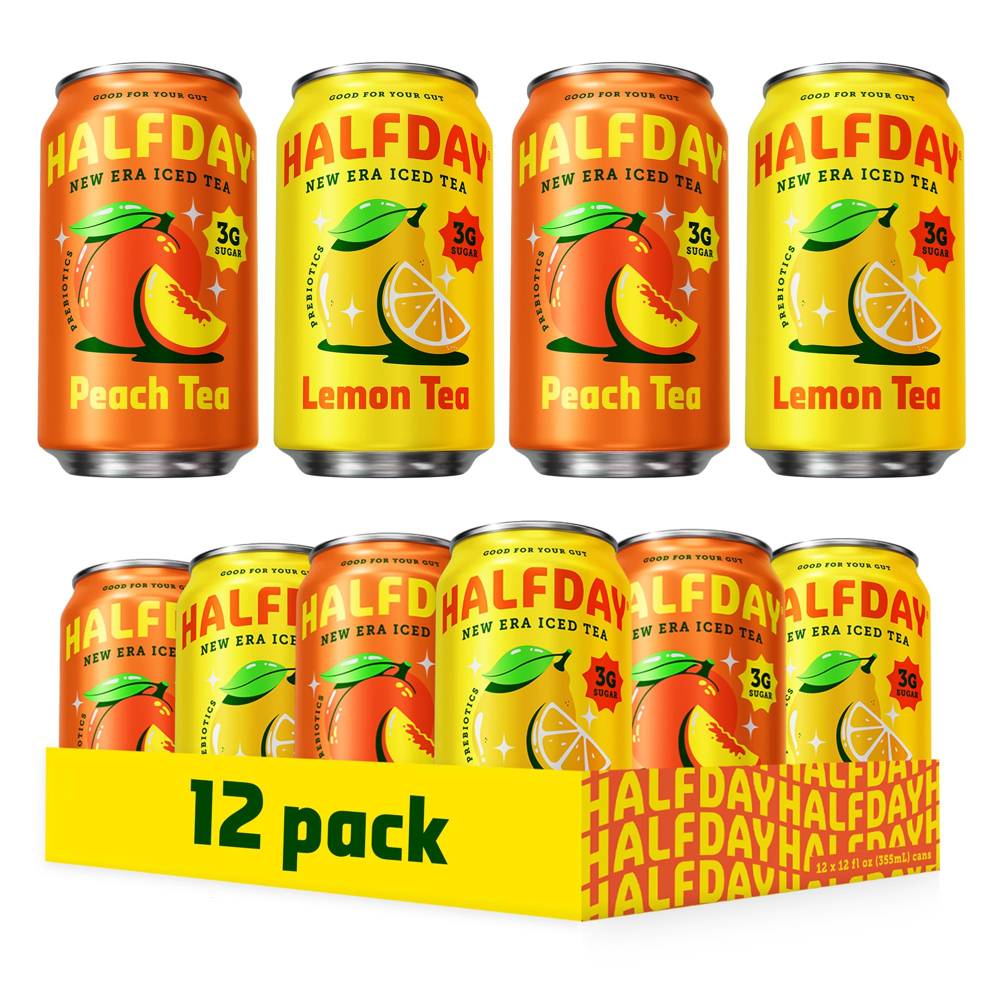 HALFDAY Prebiotic Iced Tea Peach & Lemon Variety Pack, Supports Digestive & Gut Health, 6g Plant Fiber & Prebiotics, 3g of Sugar, 35 Calories, Real