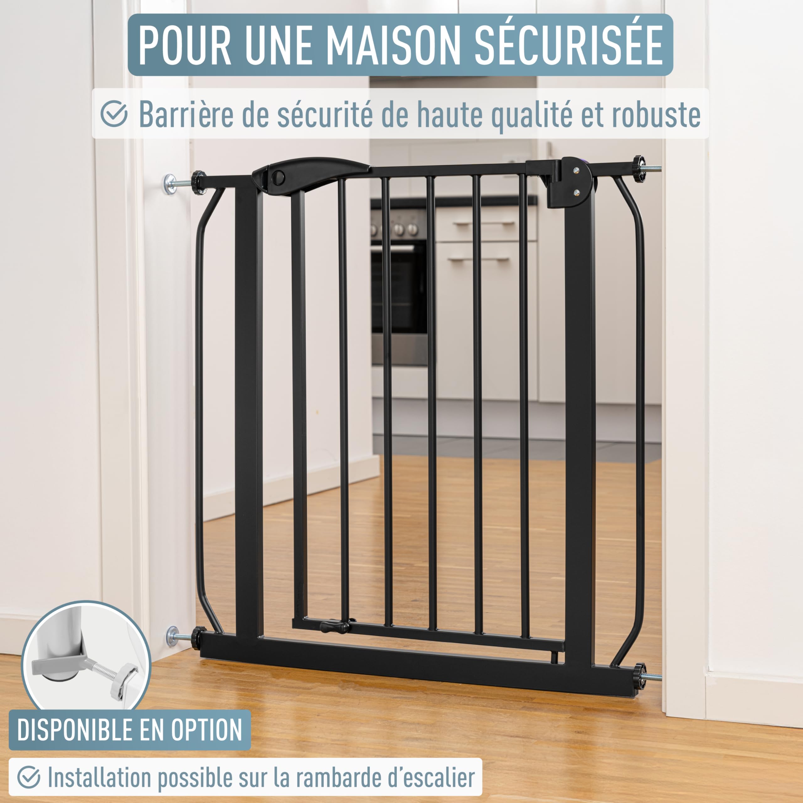 ib style Barrière de Sécurité Berrin 58-185 - Barrière d'escalier, sans Perçage, Ouverture d'une Main, pour Enfants 6 a 24 Mois, 150-160 cm, Noir