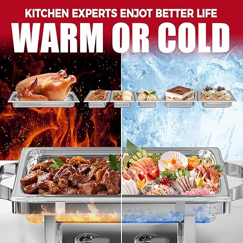 Miniatura 29 de Juego de 4 platos de bufé de roce de acero inoxidable de 8 cuartos de galón rectangulares y calentadores de buffet para catering, con bandeja