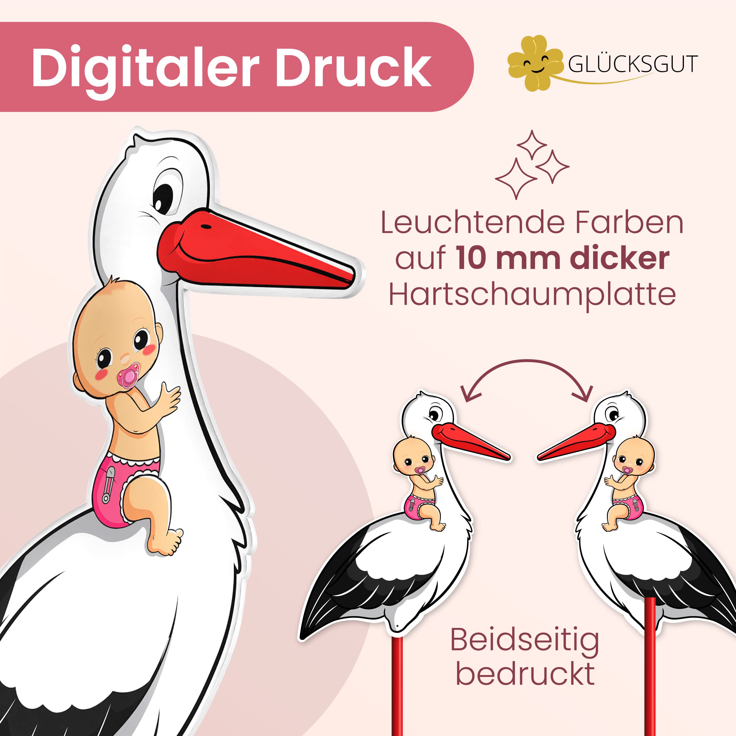 GLÜCKSGUT® Klapperstorch Baby Rosa, 100 cm | 5-teiliges Set | Geburtsstorch inkl. Holzstab + Namensschild + Grußkarte + Stift | Storch Geburt für Draussen & Drinnen | Geburtsgeschenk