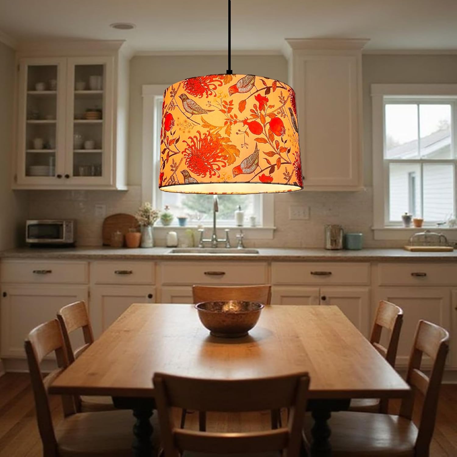 Pack of 2 12-Inch Hanging Pendant Lampshades – Handmade Cotton Fabric Bird Print Ceiling Light Shades for Kitchen, Dining Room, or Café – Includes Black Canopy