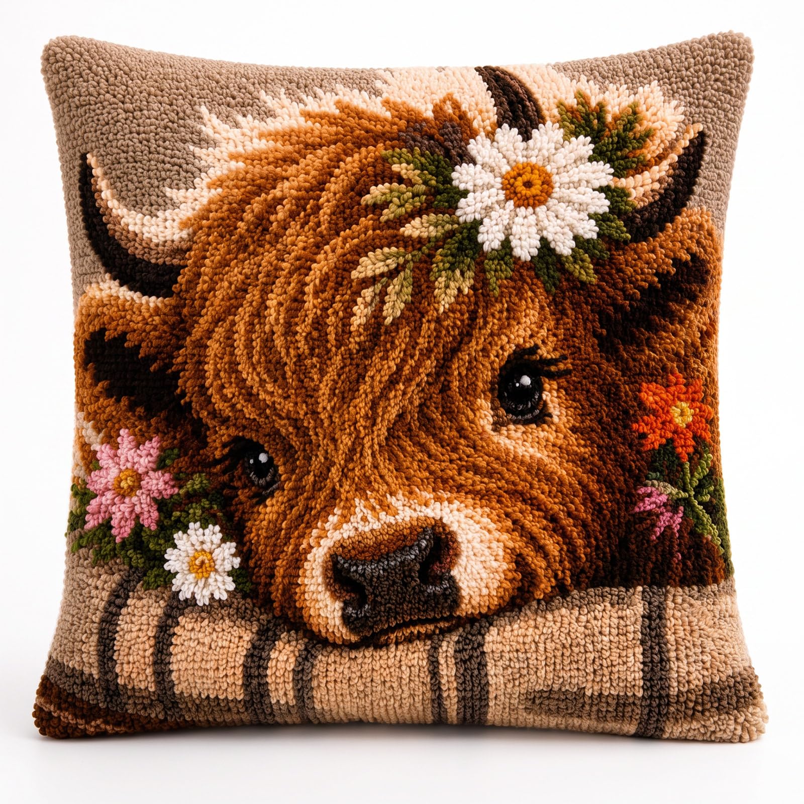 Latch Hook Kits for Adults with Printed Canvas Acrylic Cotton Yarn, DIY Embroidery Kit for birthdays, Mother's Day, winter holiday seasons, or everyday surprises 43x43cm/16.9×16.9in, Highland Cow