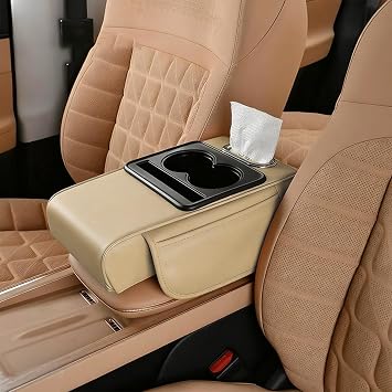 Car Armrest Storage Box,Car Accessories Console Organizers and Storage,Universal Waterproof Leather Console Cover with Cup Holder and Phone Holder,Suitable for Most Cars Normal, Beige
