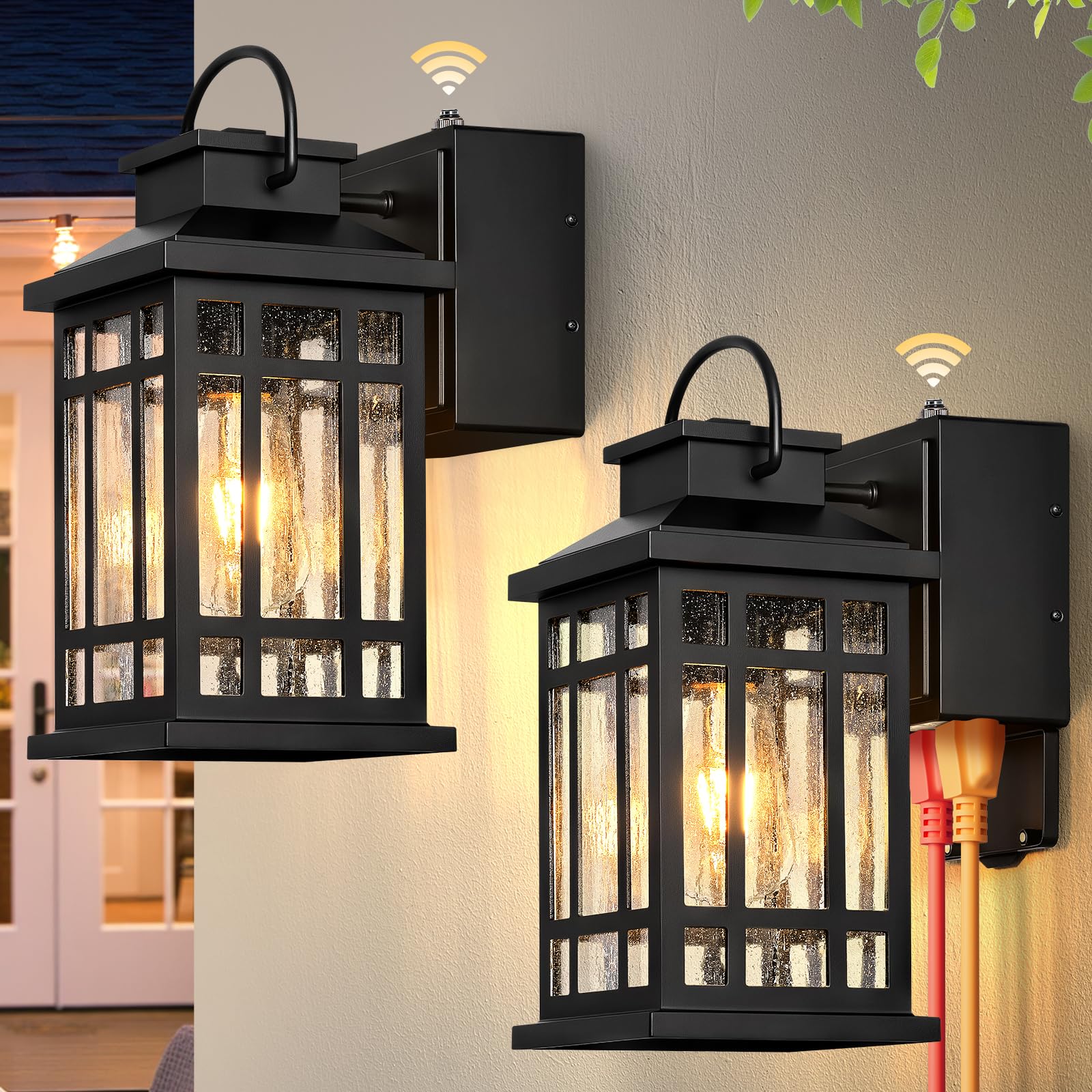 Outdoor Wall Light Fixtures with GFCI Outlet, Black 2-Pack