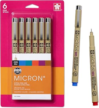 SAKURA Pigma Micron Fineliner Pens - Archival Black and Colored Ink Pens - For Writing, Drawing, or Journaling - Black and Colored Ink - 005 Point Size - 6 Pack