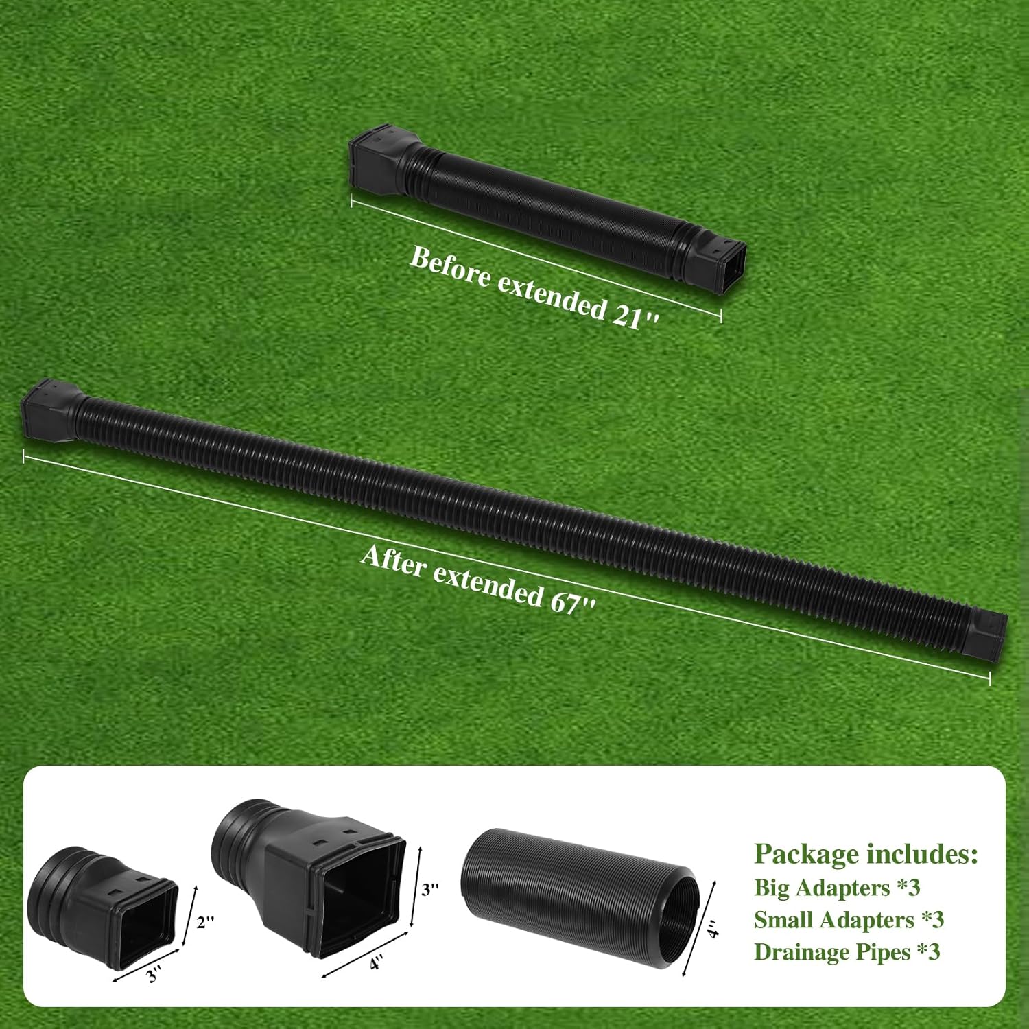 Gutterlix 3 Pack Flexible Gutter Downspout Extensions Extendable from 21" to 67", Downspout Extender Comes with Adapters, Thickened Down spout Drain Extension for Rainwater Drainage(Black)