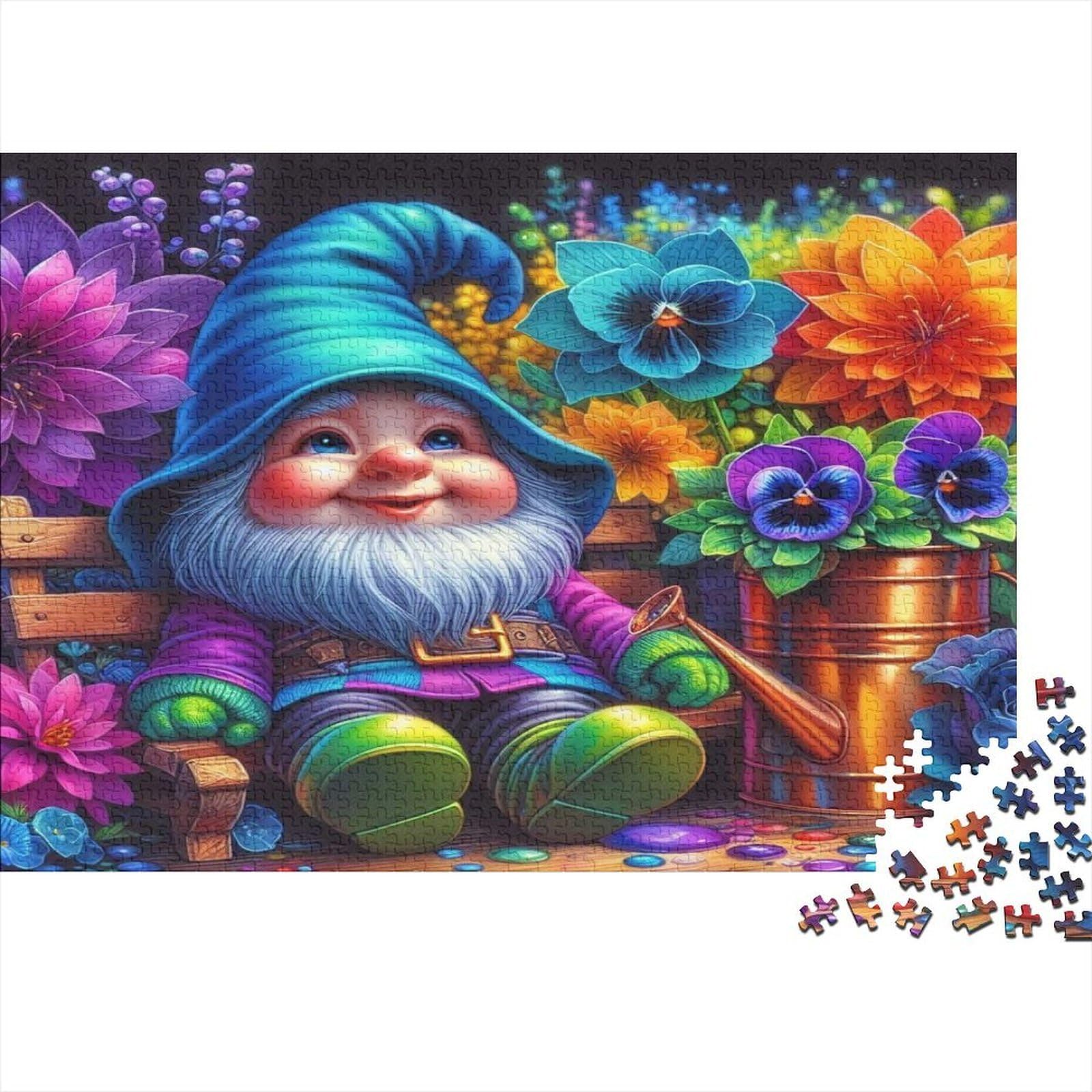 Garden Gnome 1000 Piece Jigsaw Puzzle Paper for Adults Colorful Flowers Puzzle Game for Family Relaxing Gift 52x38cm/1000pcs