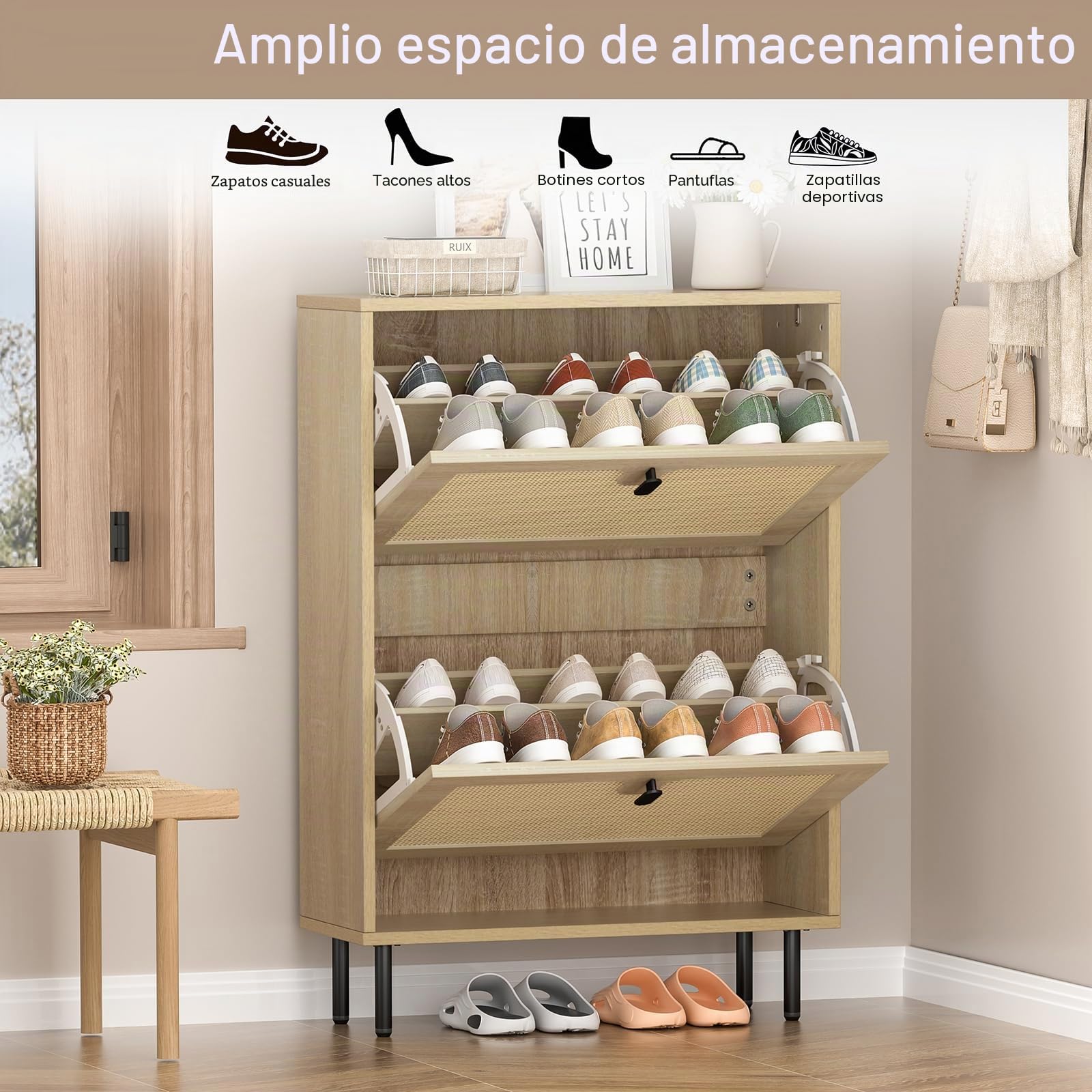 Zapatero Entrada Recibidor Estrecho, para 12 Pares de Zapatos, 2 Puertas Abatibles, Patas de Metal, Zapatero Madera, Ideal para Pasillo y Sala de Estar